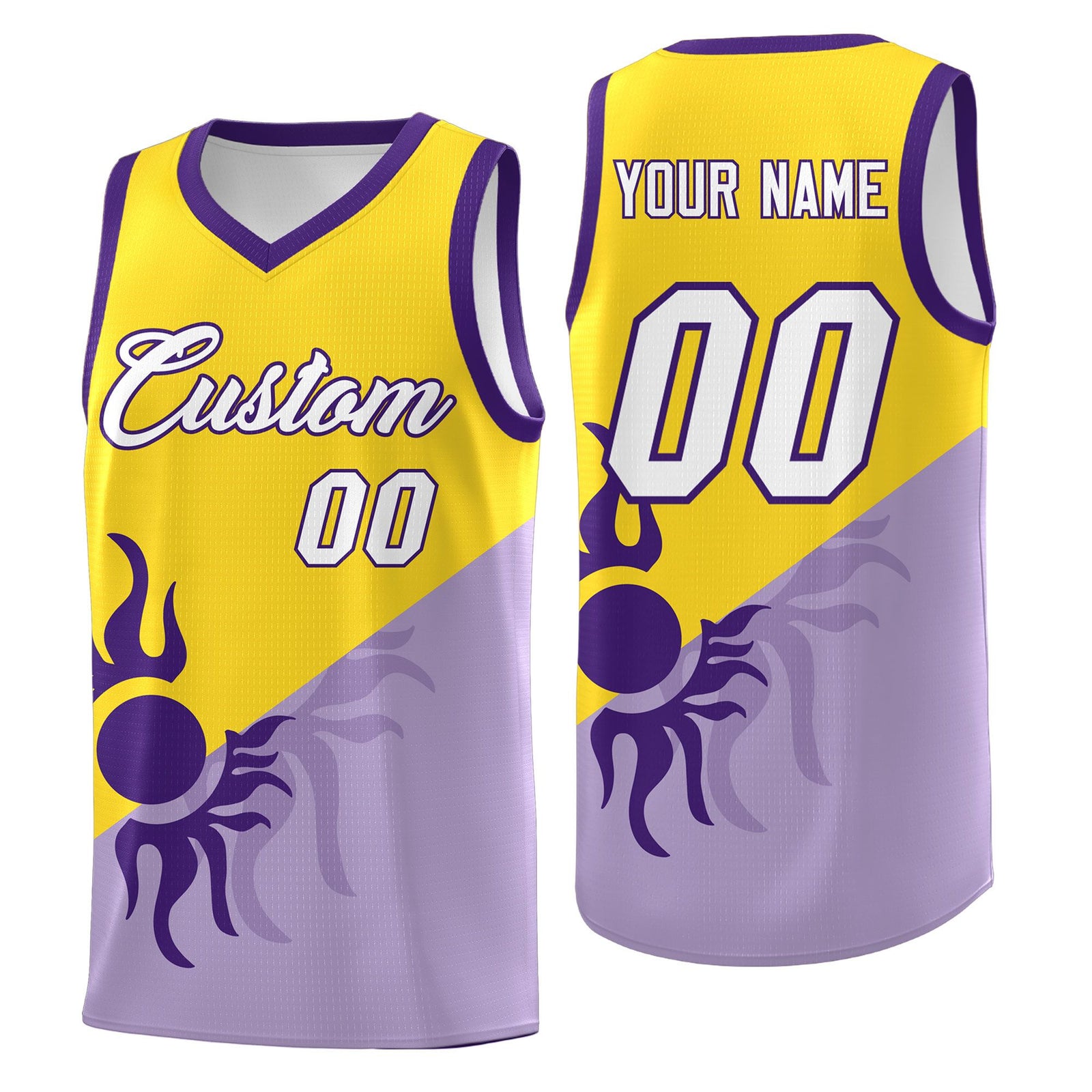 Custom Youth Basketball Jerseys - Light Purple Gold Sunburst Design Two Tone Uniforms