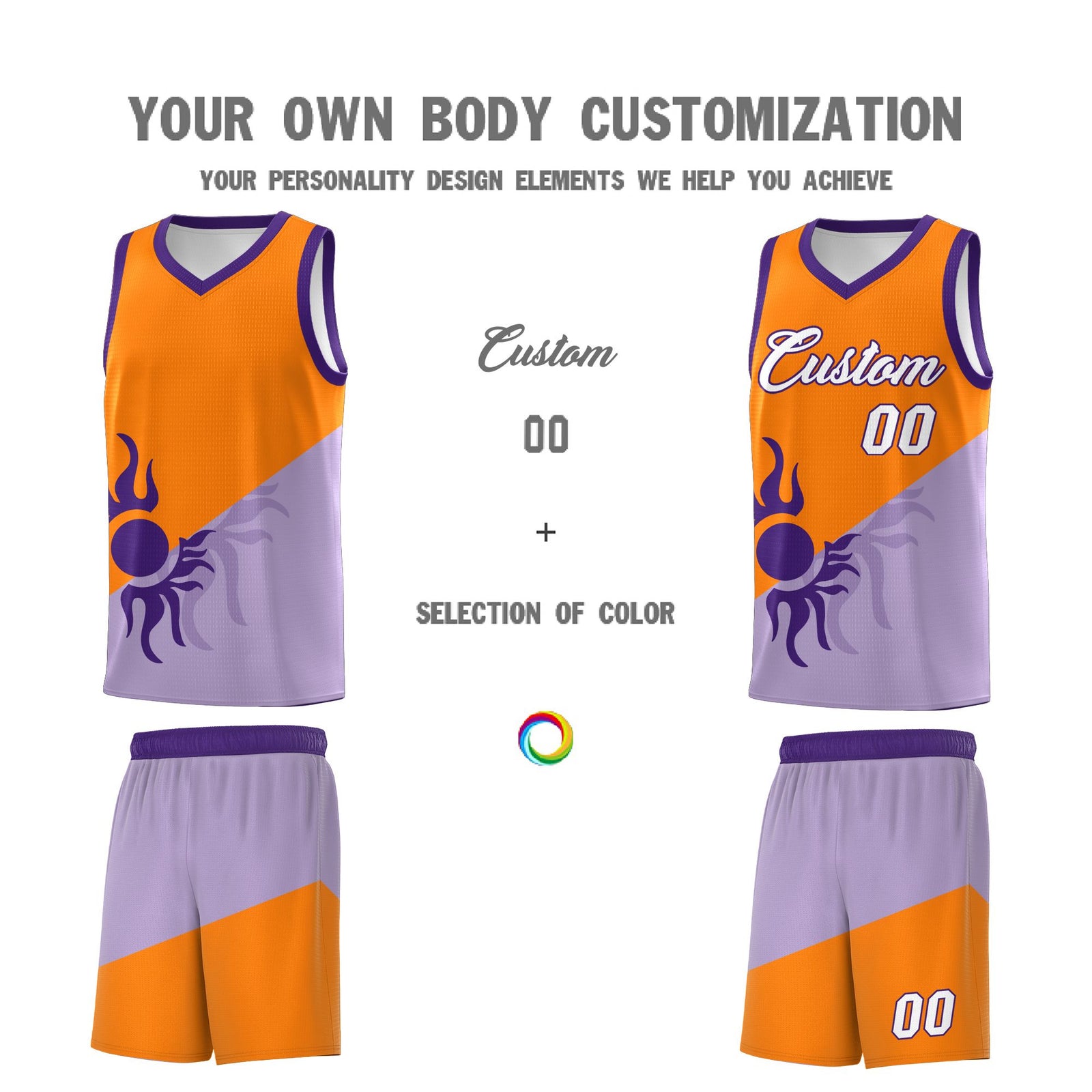 Custom Youth Basketball Jerseys - Light Purple Orange Radiant Sun Design Two Tone Uniforms