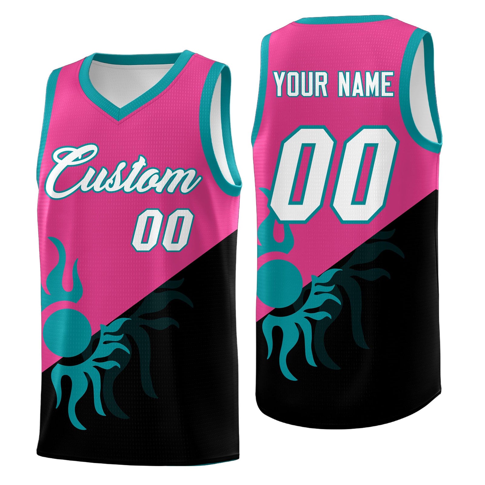 Custom Youth Basketball Jerseys - Rose Red Black Sunburst Design Two Tone Uniforms