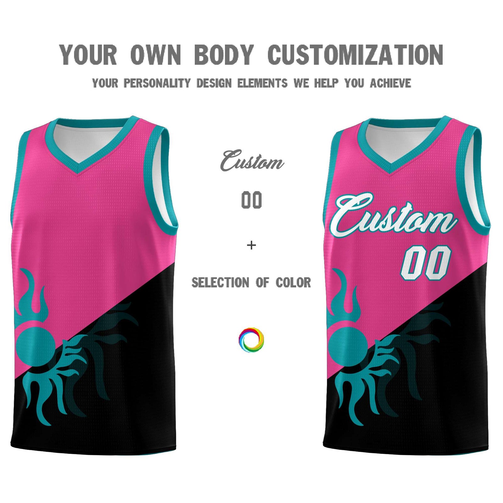 Custom Youth Basketball Jerseys - Rose Red Black Sunburst Design Two Tone Uniforms