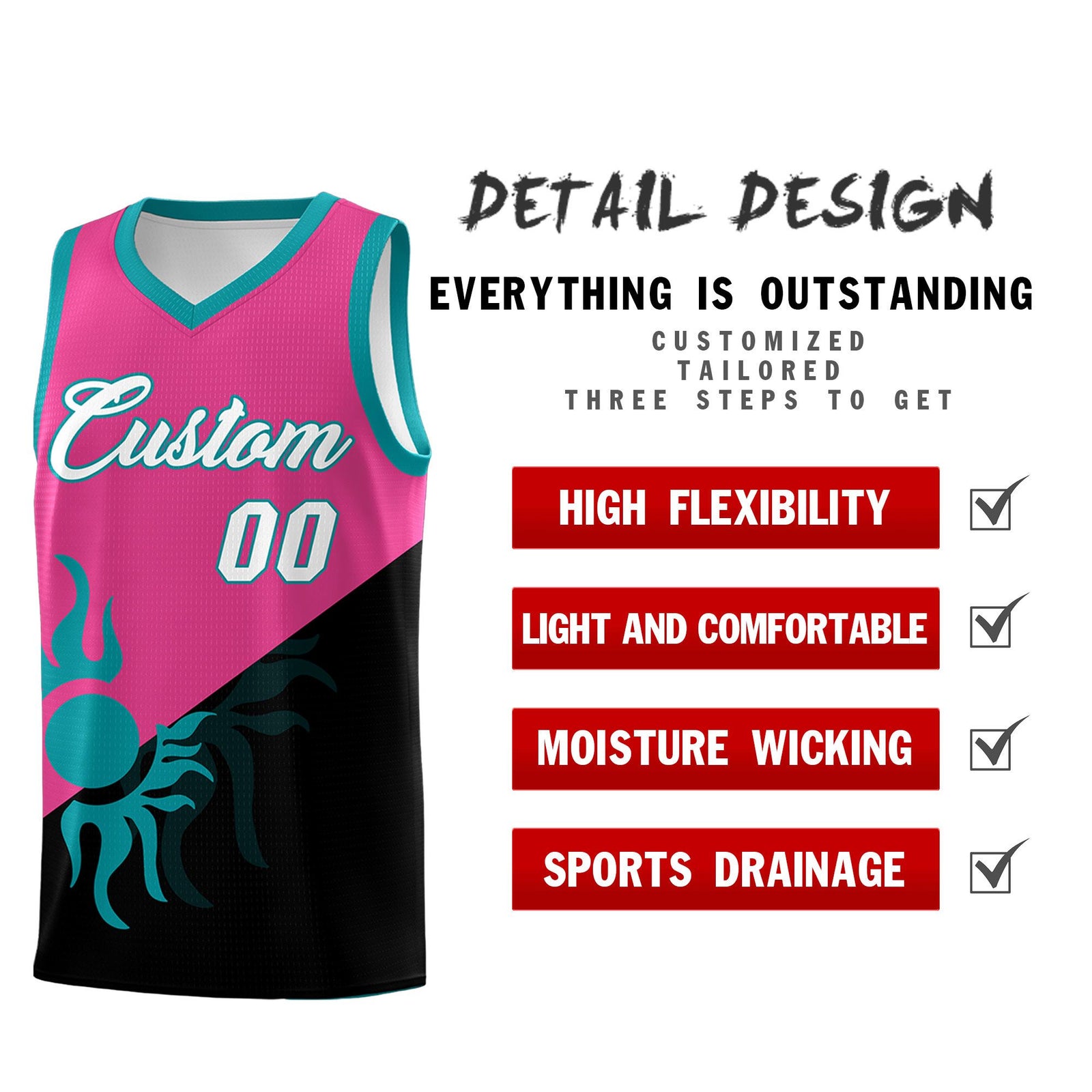 Custom Youth Basketball Jerseys - Rose Red Black Sunburst Design Two Tone Uniforms