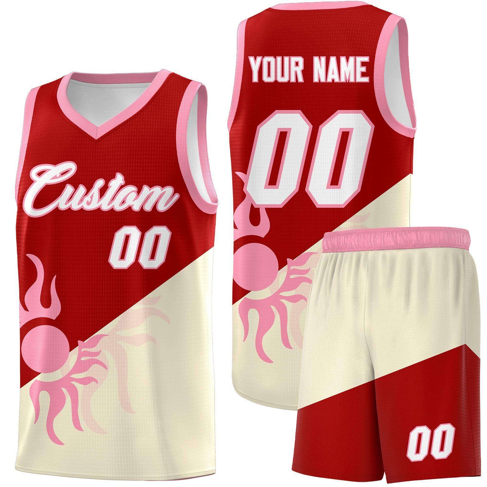Custom Youth Basketball Jerseys - Red Light Khaki Radiant Sun Design Two Tone Uniforms