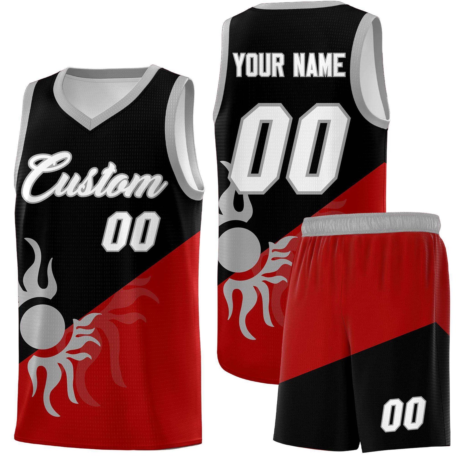 Custom Youth Basketball Jerseys - Black Red Sunburst Design Two Tone Uniforms