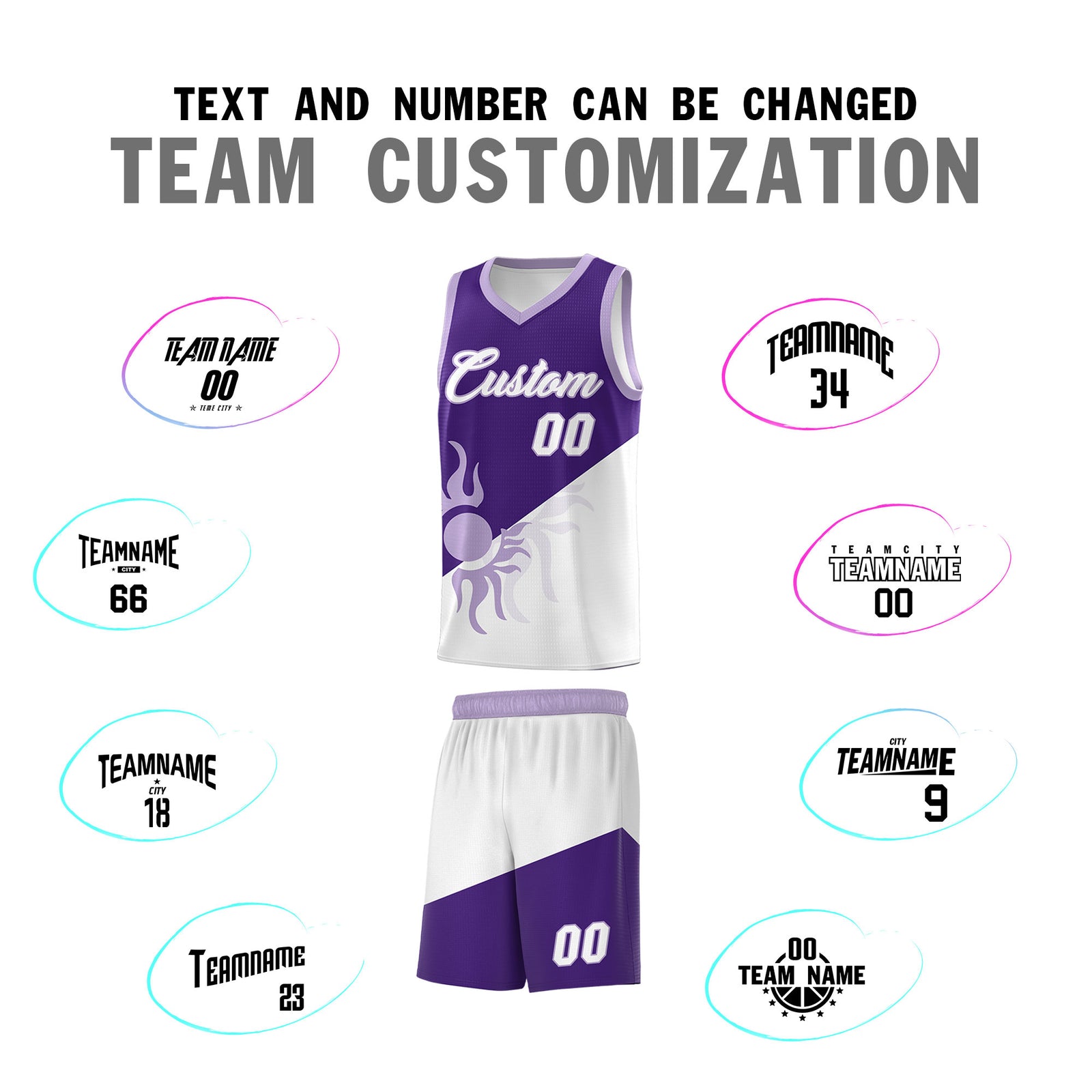 Custom Youth Basketball Jerseys - Purple White Sunburst Design Two Tone Uniforms