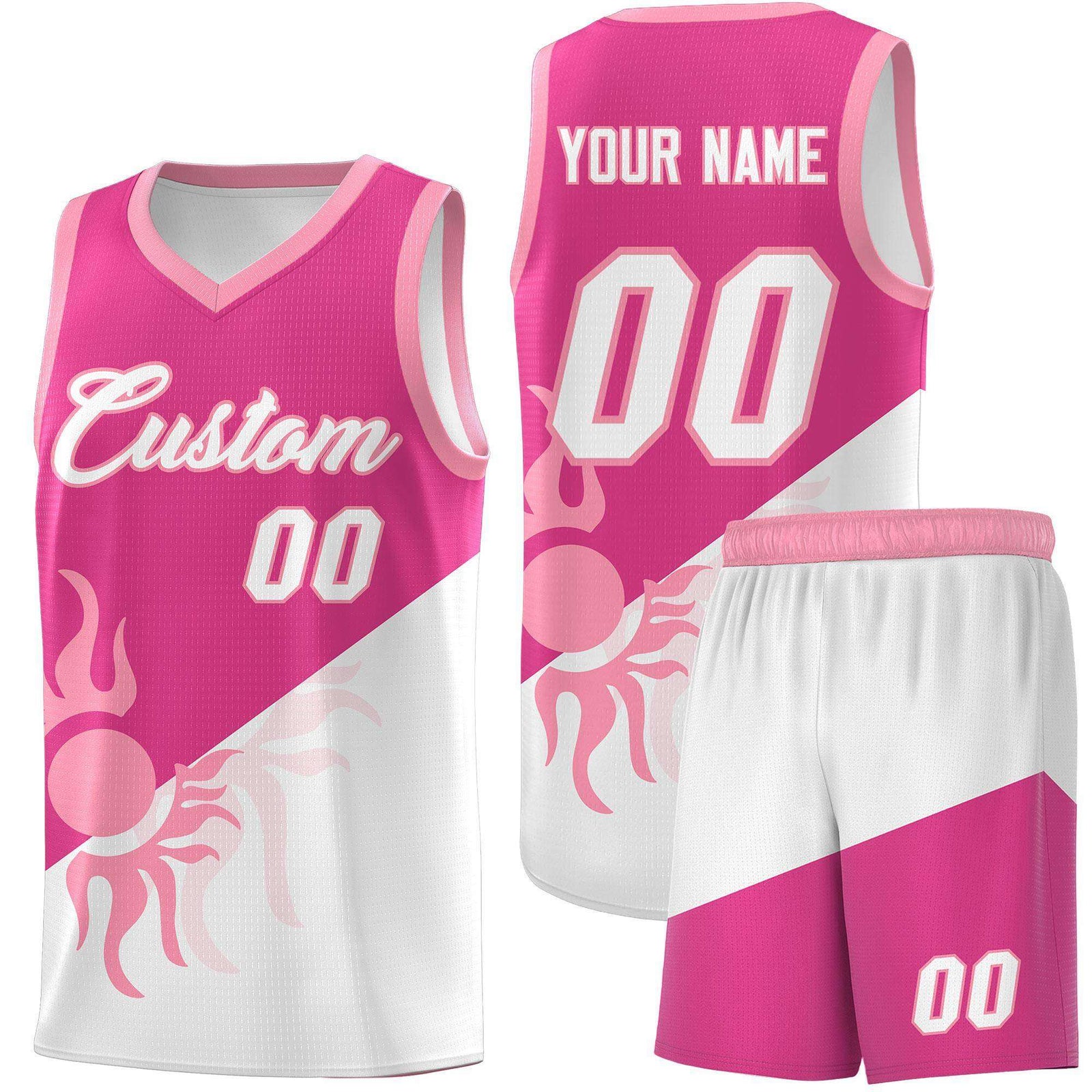 Custom Youth Basketball Jerseys - Rose Red White Radiant Sun Design Two Tone Uniforms