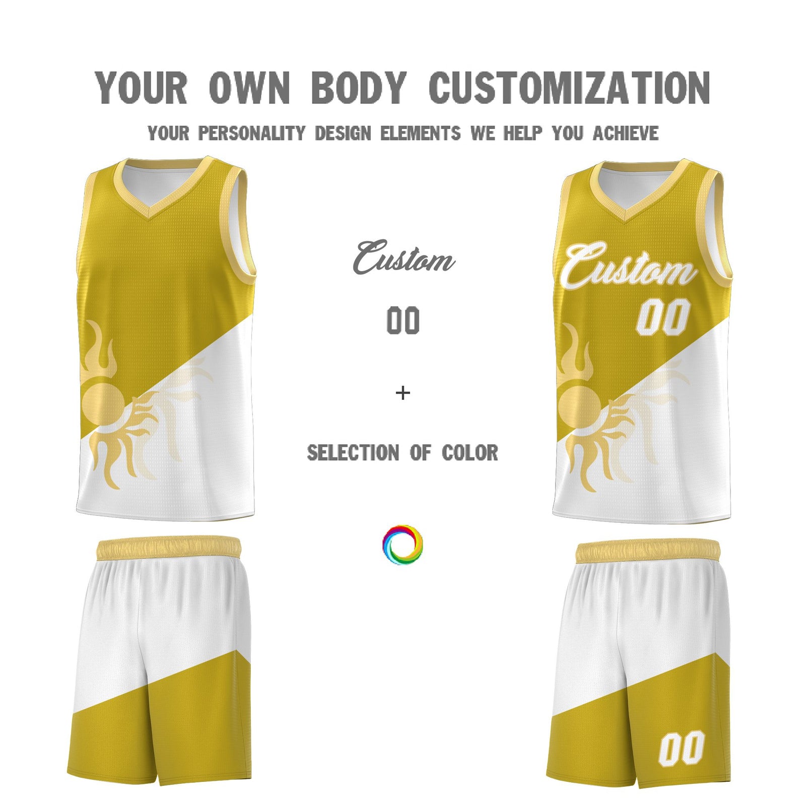 Custom Youth Basketball Jerseys - Old Gold White Radiant Sun Design Two Tone Uniforms