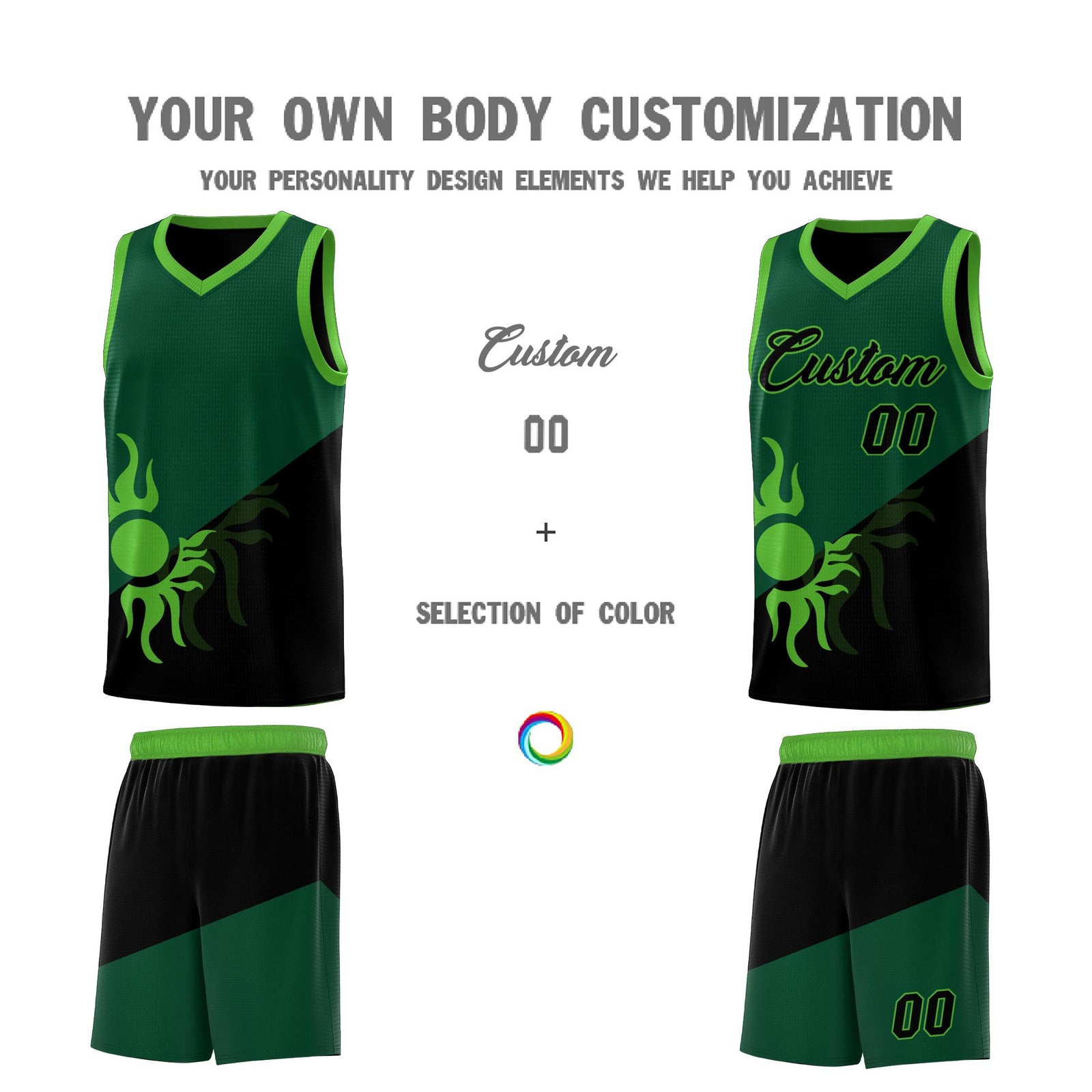 Custom Youth Basketball Jerseys - Kelly Green Black Radiant Sun Design Two Tone Uniforms