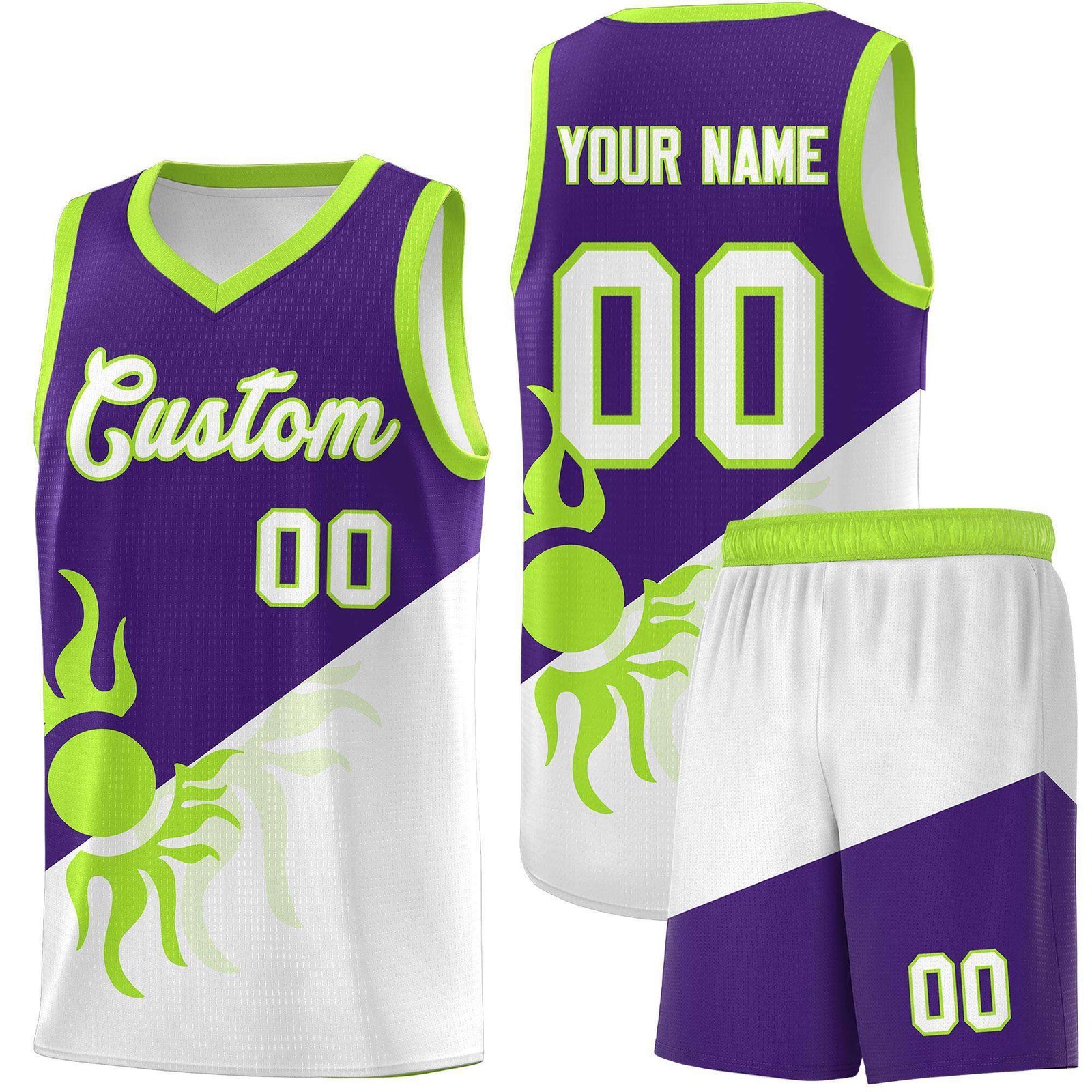 Custom Youth Basketball Jerseys - Purple White Radiant Sun Design Two Tone Uniforms