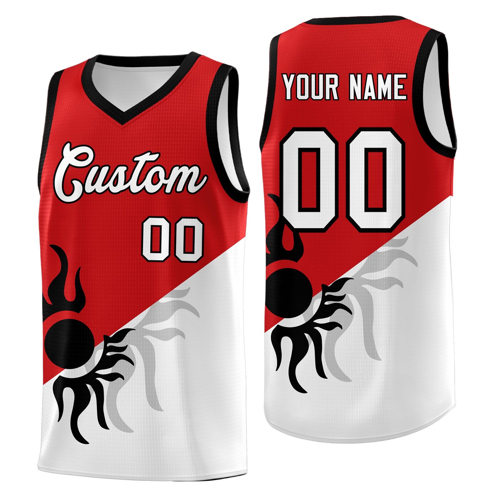 Custom Youth Basketball Jerseys - Red White Sunburst Design Two Tone Uniforms