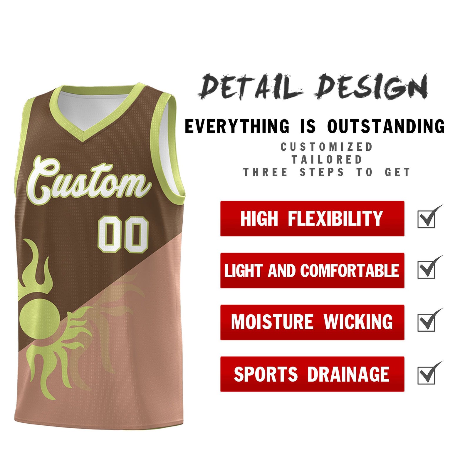 Custom Youth Basketball Jerseys - Coffee Light Brown Radiant Sun Design Two Tone Uniforms