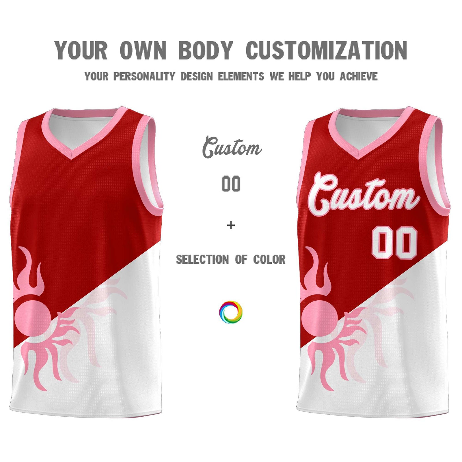 Custom Youth Basketball Jerseys - Red White Sunburst Design Two Tone Uniforms