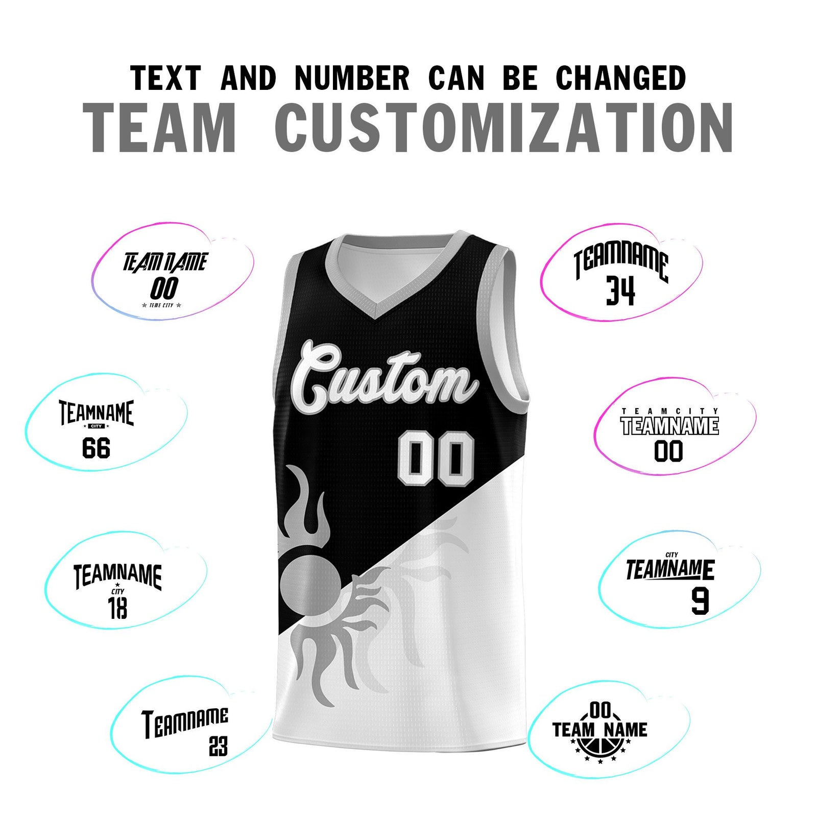 Custom Youth Basketball Jerseys - Black White Radiant Sun Design Two Tone Uniforms