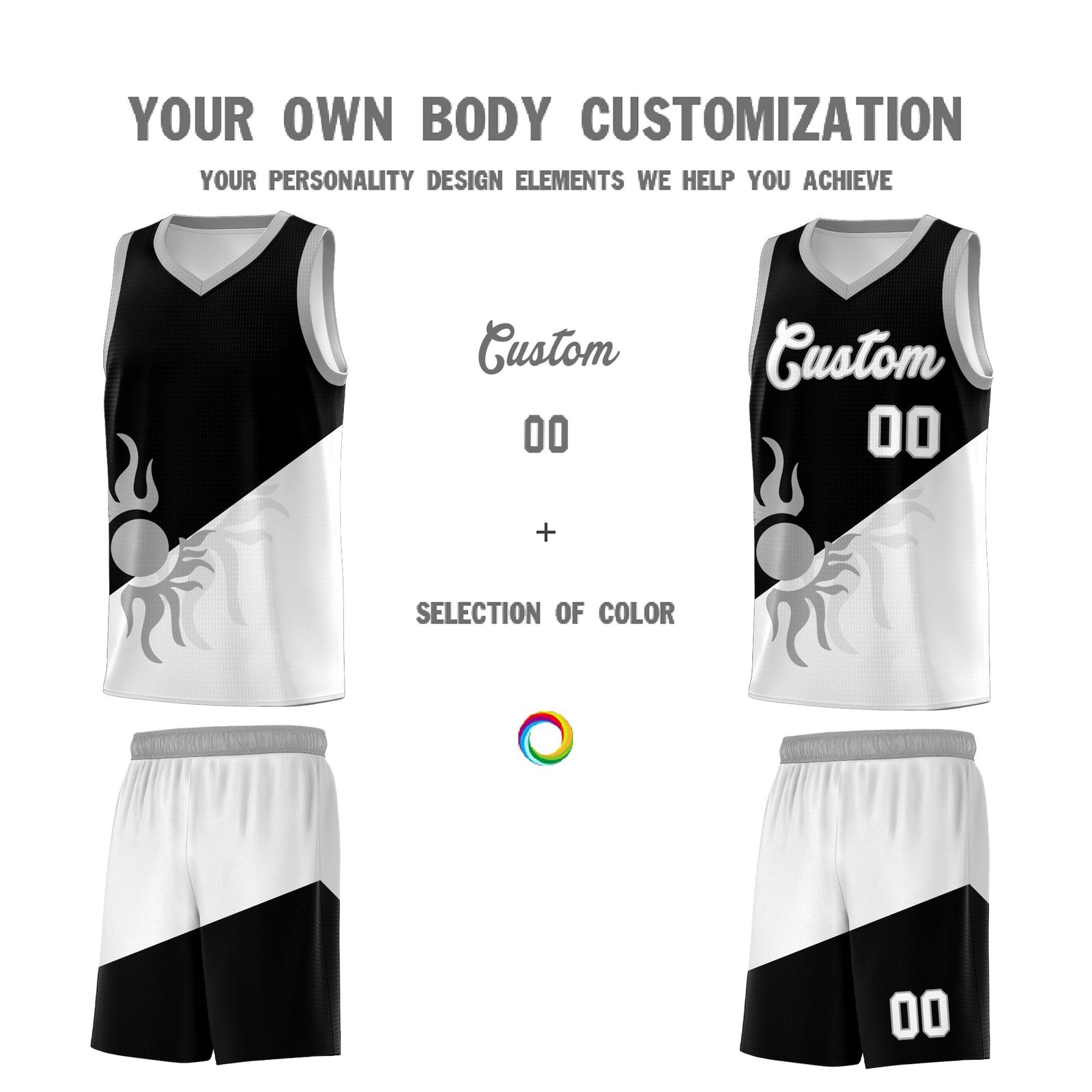 Custom Youth Basketball Jerseys - Black White Radiant Sun Design Two Tone Uniforms