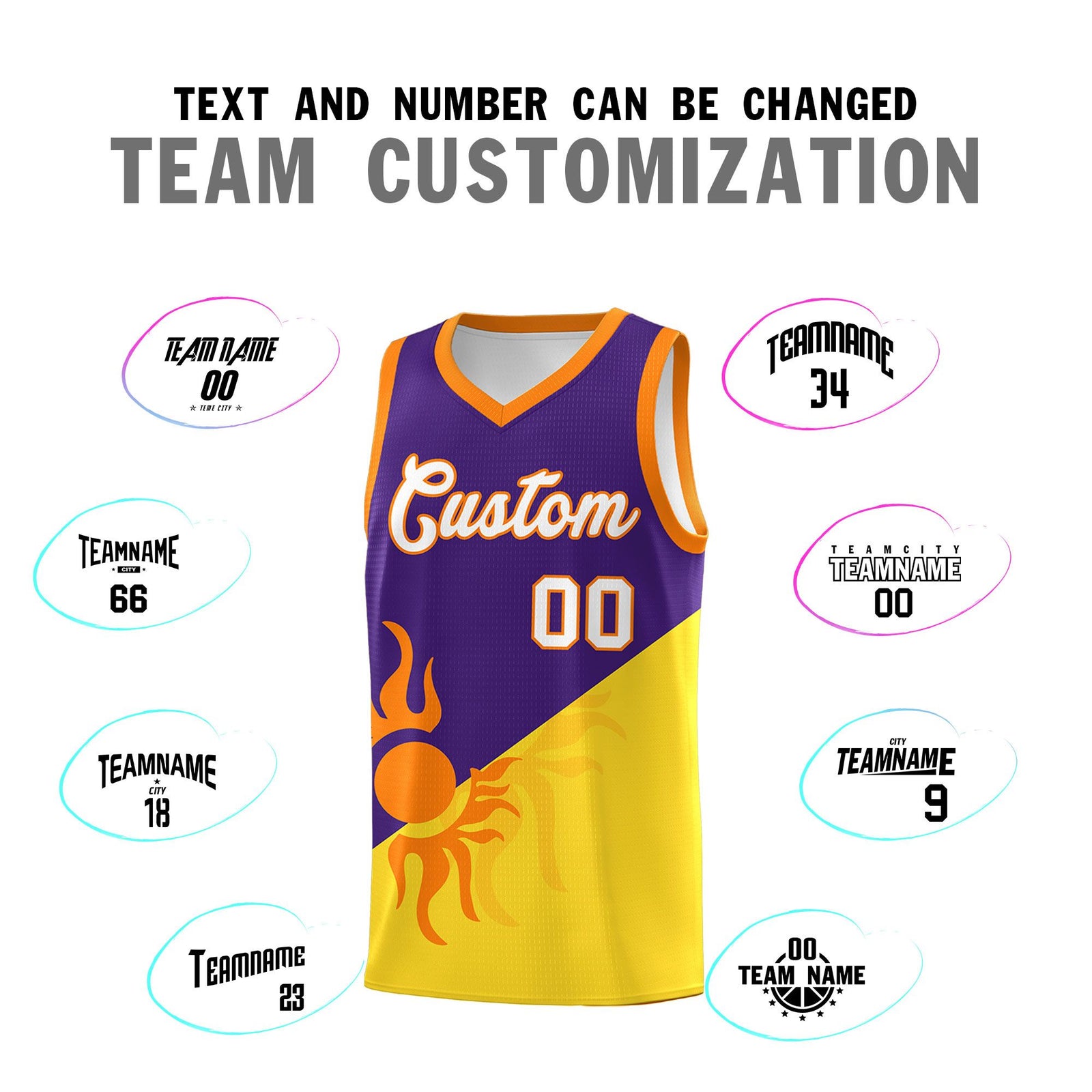 Custom Youth Basketball Jerseys - Purple Gold Radiant Sun Design Two Tone Uniforms