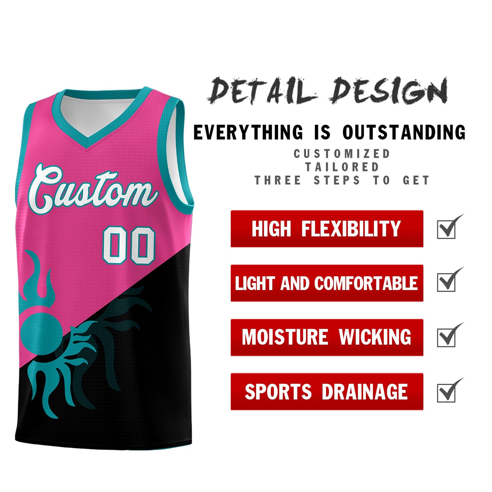Custom Youth Basketball Jerseys - Rose Red Black Sunburst Design Two Tone Uniforms