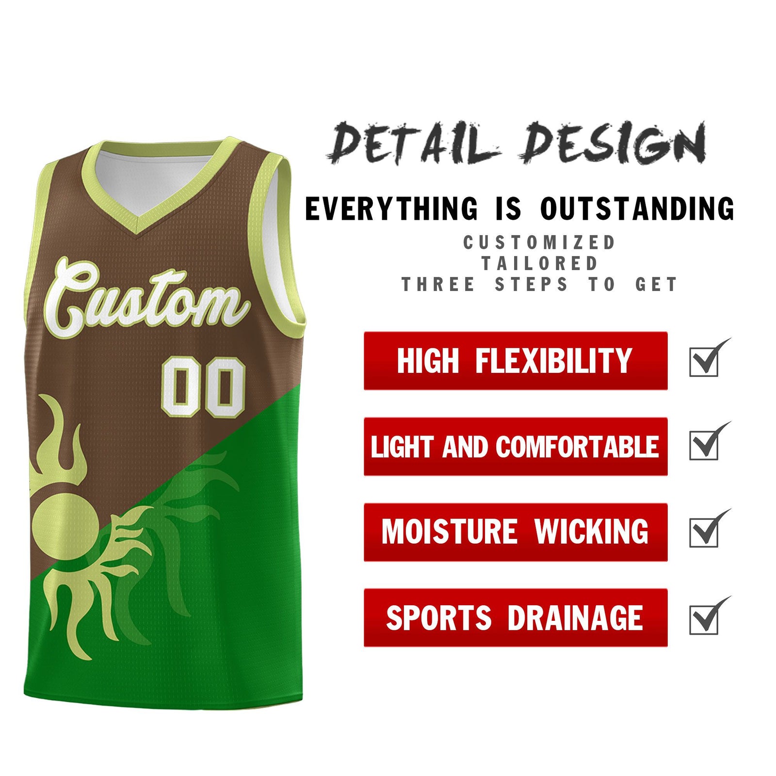 Custom Youth Basketball Jerseys - Kelly Green Light Brown Sunburst Design Two Tone Uniforms