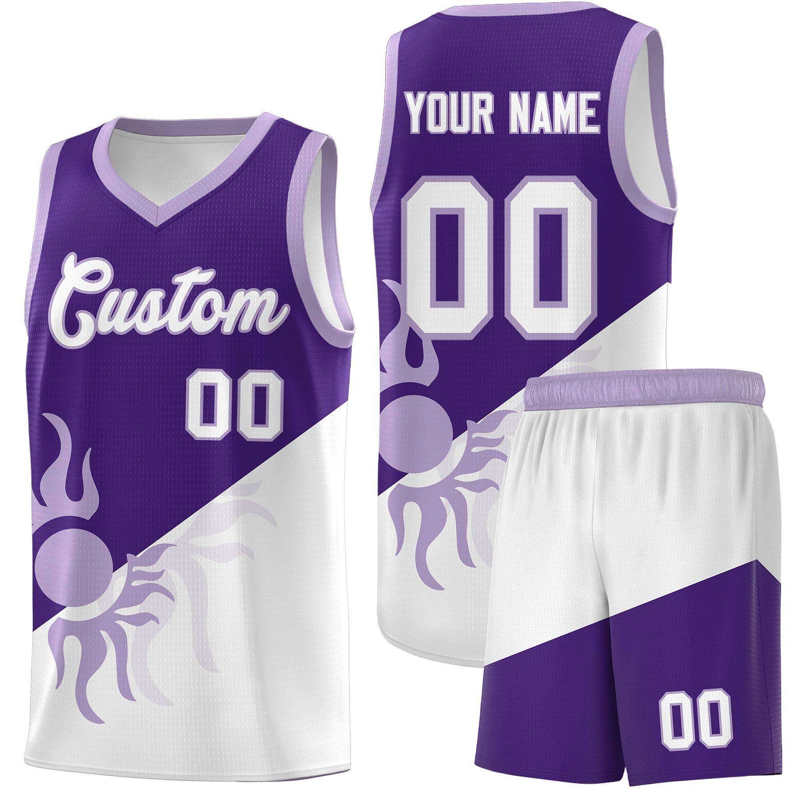 Custom Youth Basketball Jerseys - Purple White Sunburst Design Two Tone Uniforms