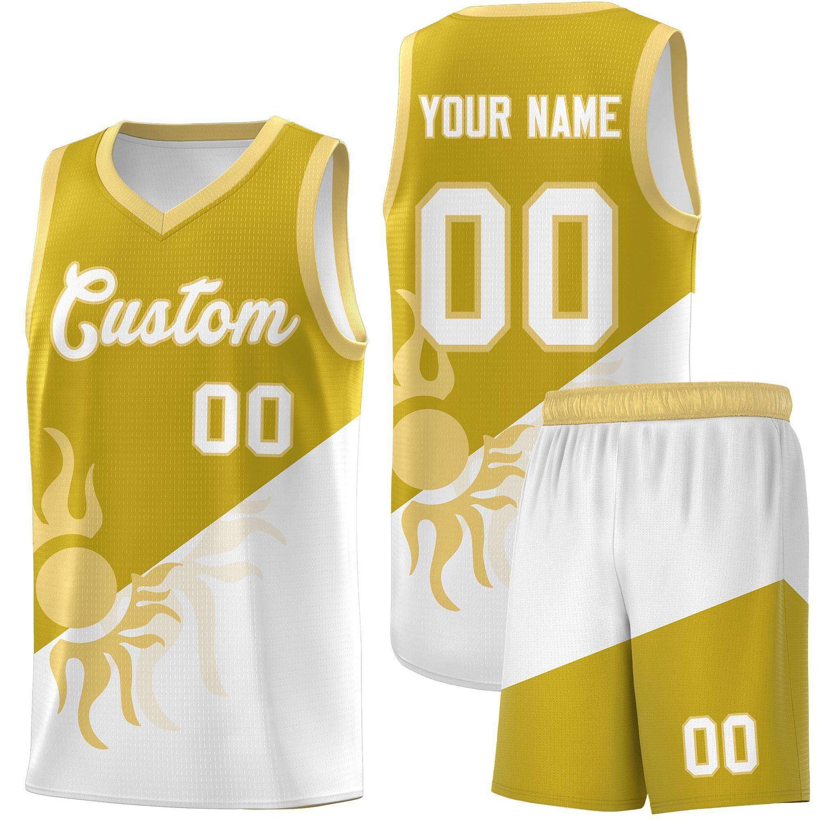 Custom Youth Basketball Jerseys - Old Gold White Radiant Sun Design Two Tone Uniforms