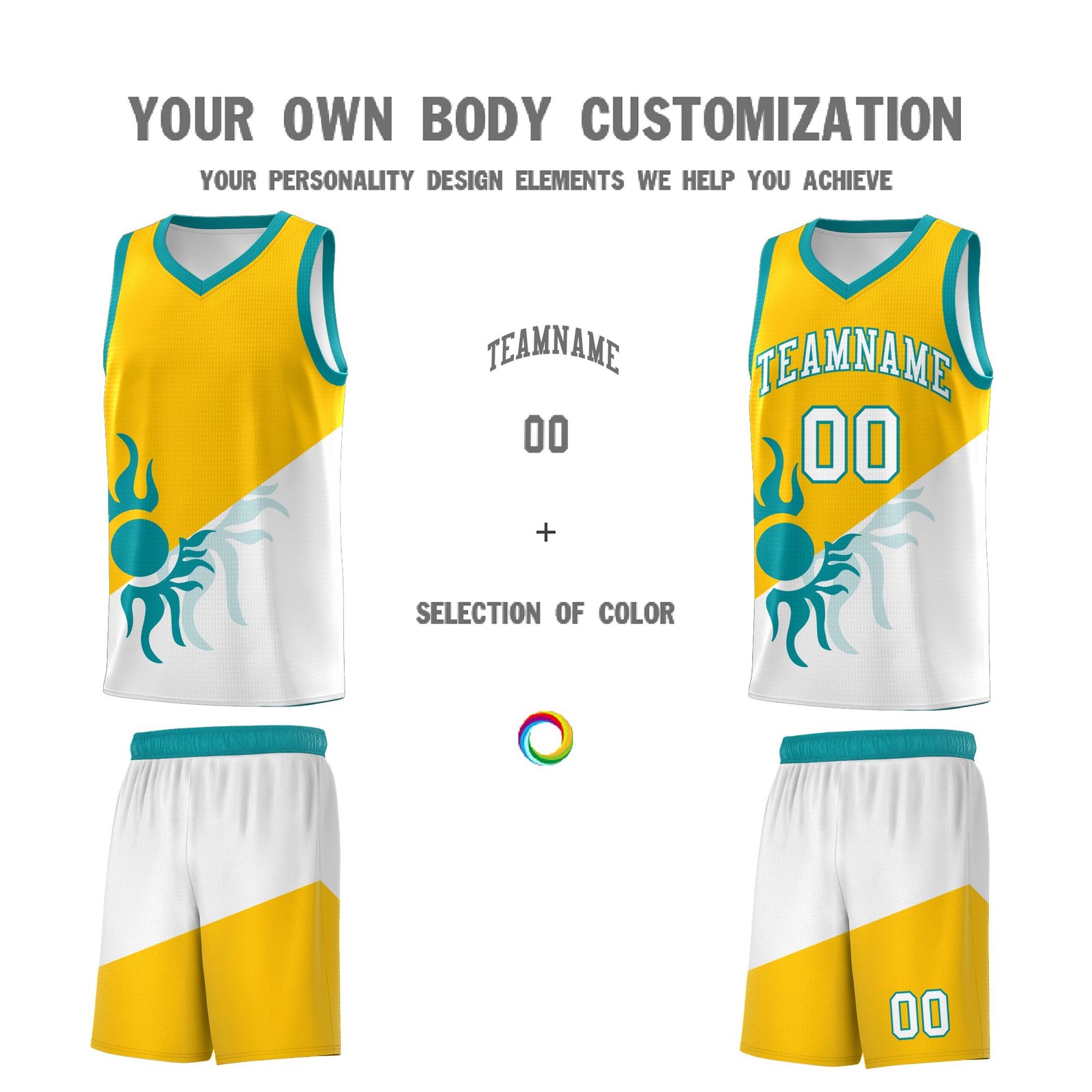 Custom Youth Basketball Jerseys - Yellow White Sunburst Design Two Tone Uniforms