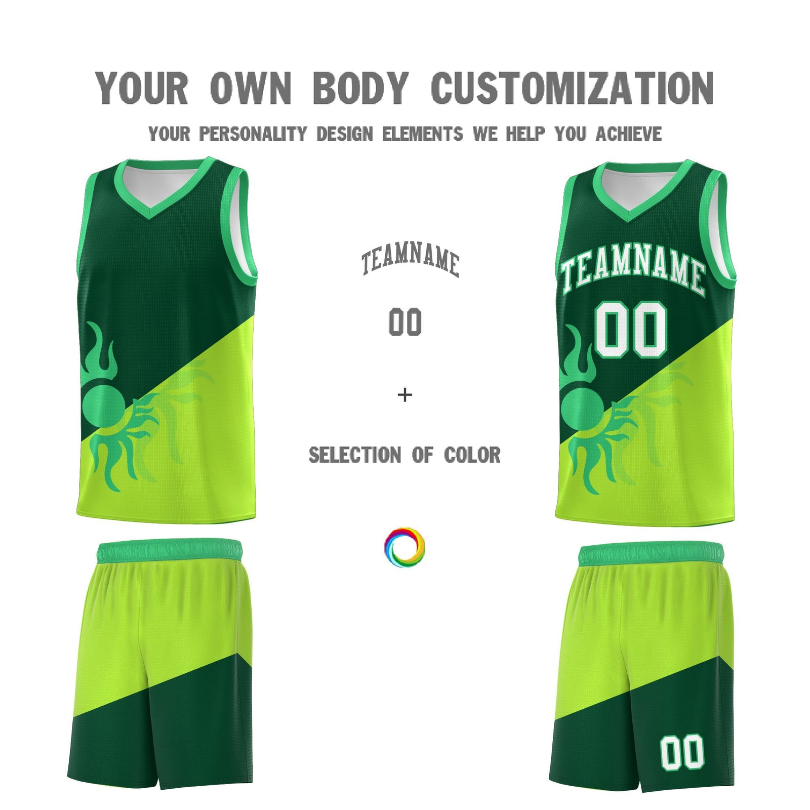 Custom Youth Basketball Jerseys - Kelly Green Neon Green Radiant Sun Design Two Tone Uniforms
