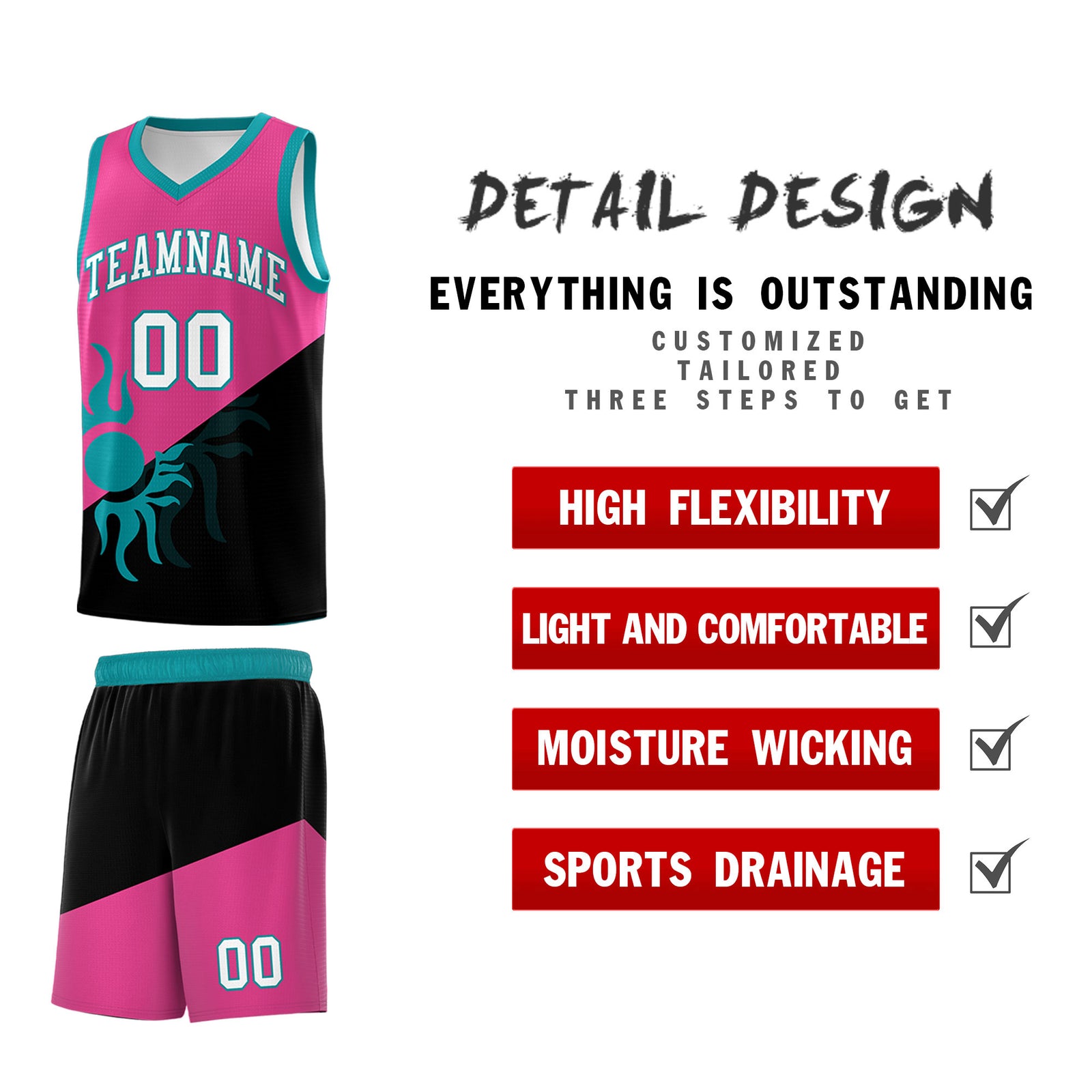 Custom Youth Basketball Jerseys - Rose Red Black Sunburst Design Two Tone Uniforms