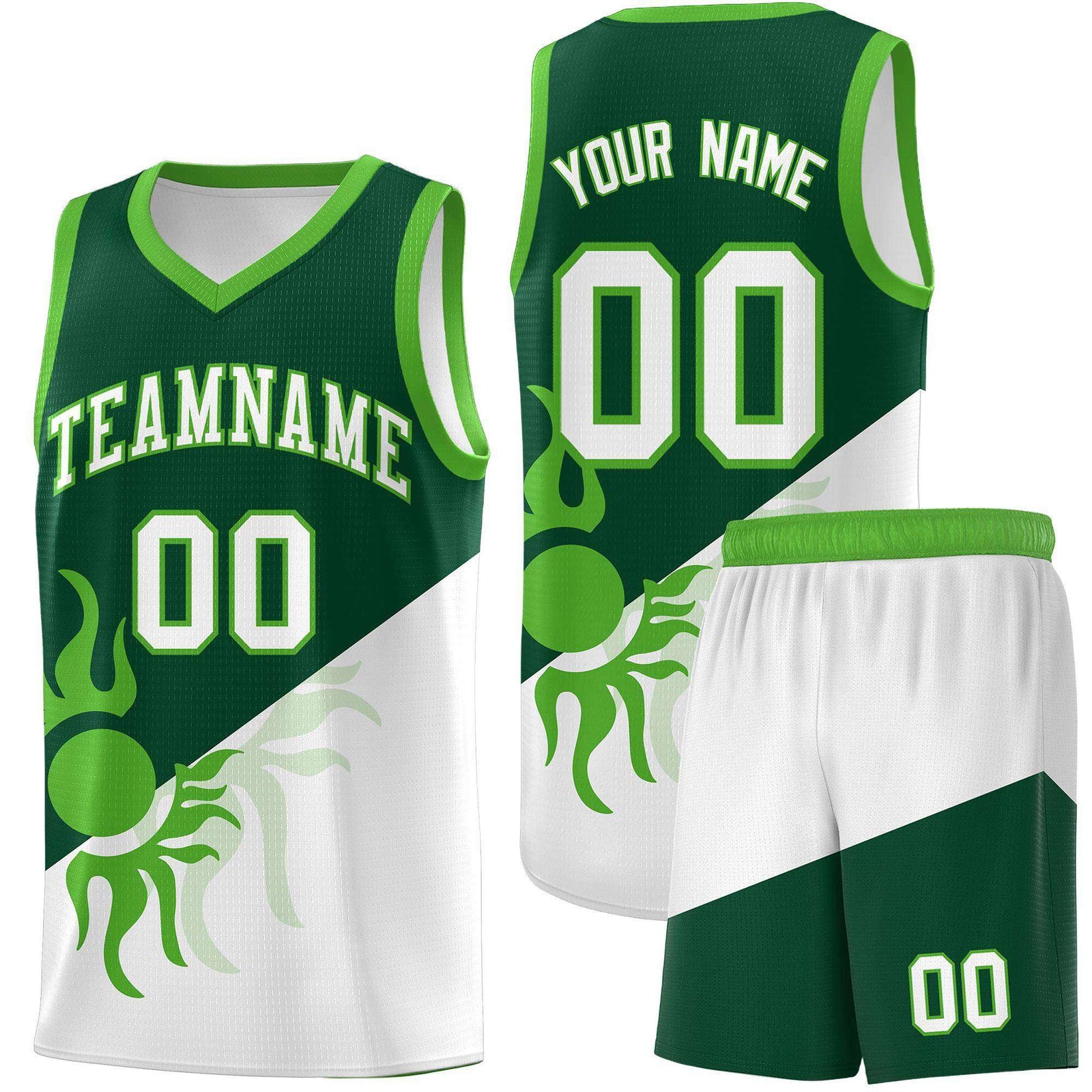 Custom Youth Basketball Jerseys - Kelly Green White Radiant Sun Design Two Tone Uniforms