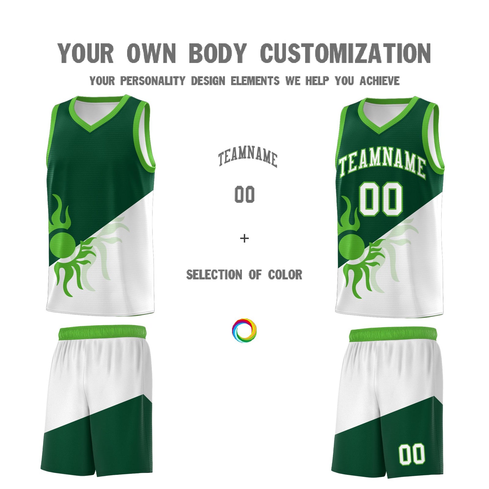 Custom Youth Basketball Jerseys - Kelly Green White Radiant Sun Design Two Tone Uniforms