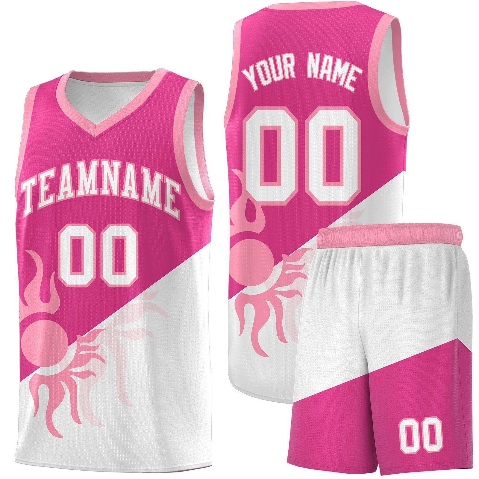 Custom Youth Basketball Jerseys - Rose Red White Radiant Sun Design Two Tone Uniforms