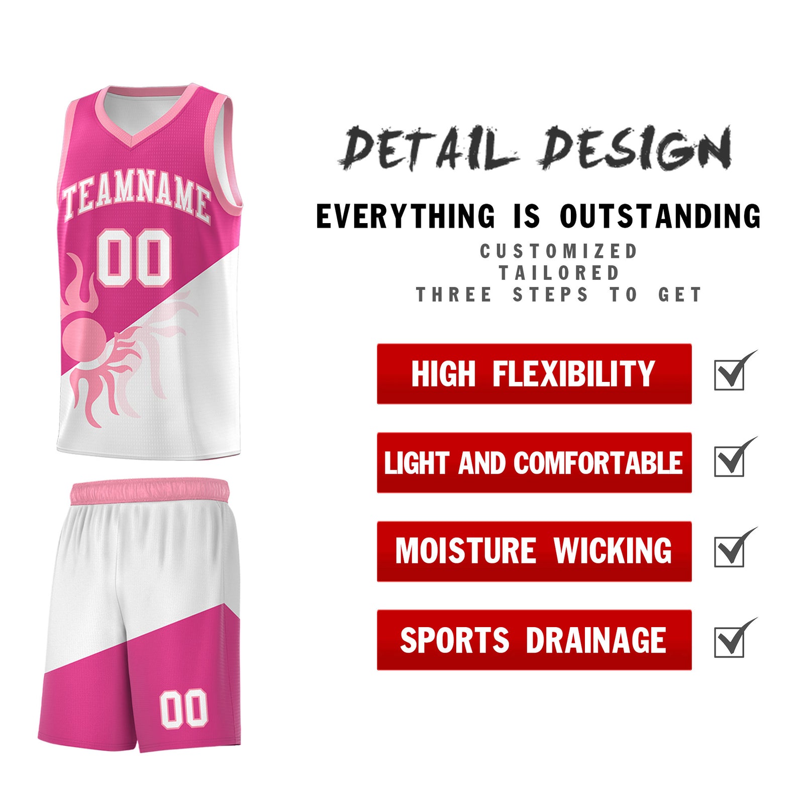 Custom Youth Basketball Jerseys - Rose Red White Radiant Sun Design Two Tone Uniforms