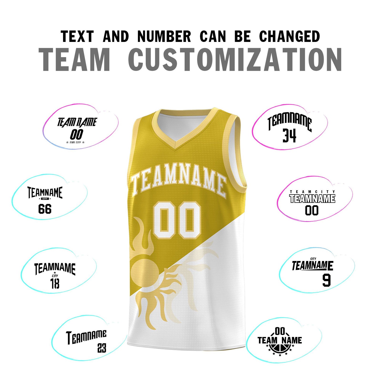 Custom Youth Basketball Jerseys - Old Gold White Radiant Sun Design Two Tone Uniforms