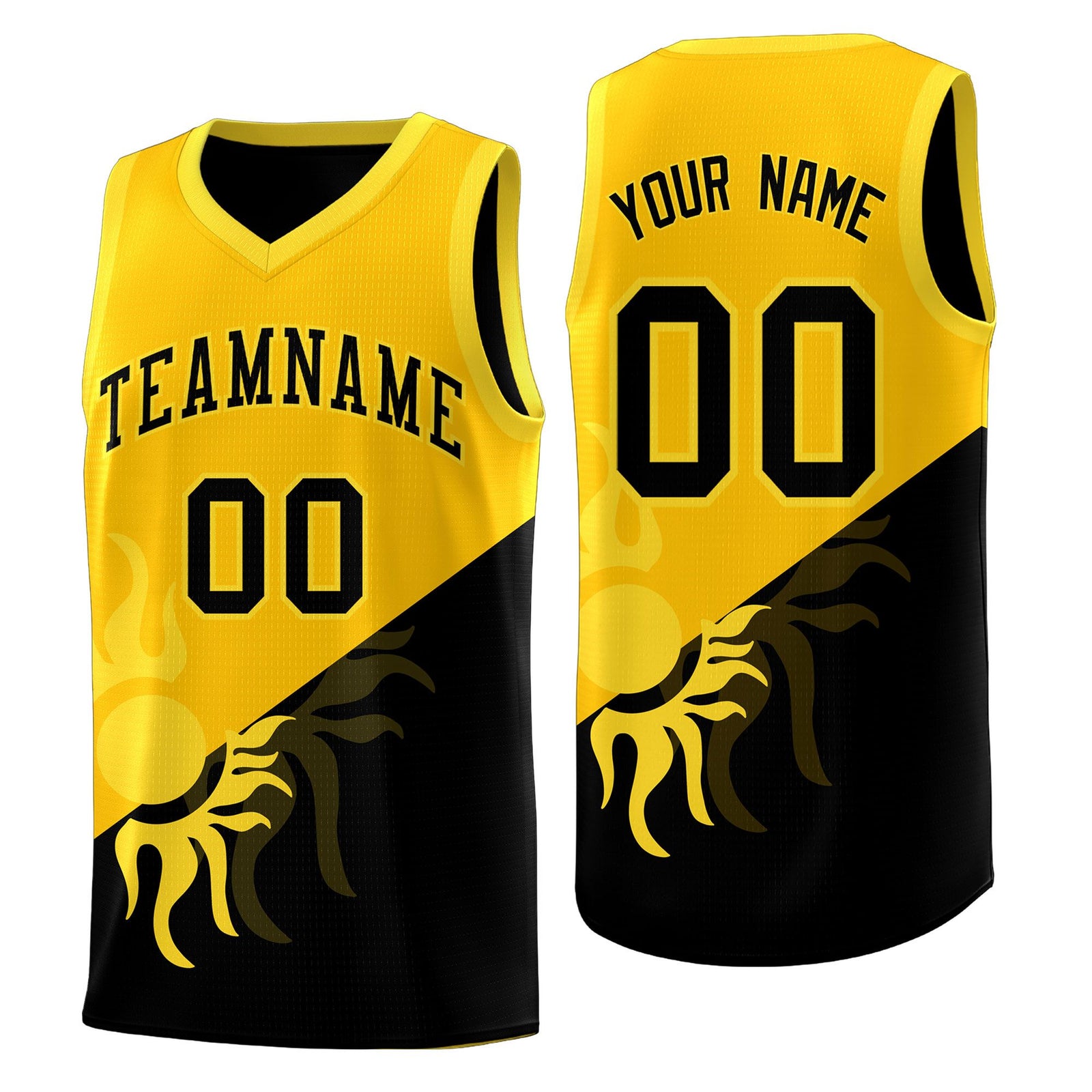 Custom Youth Basketball Jerseys - Yellow Black Sunburst Design Two Tone Uniforms