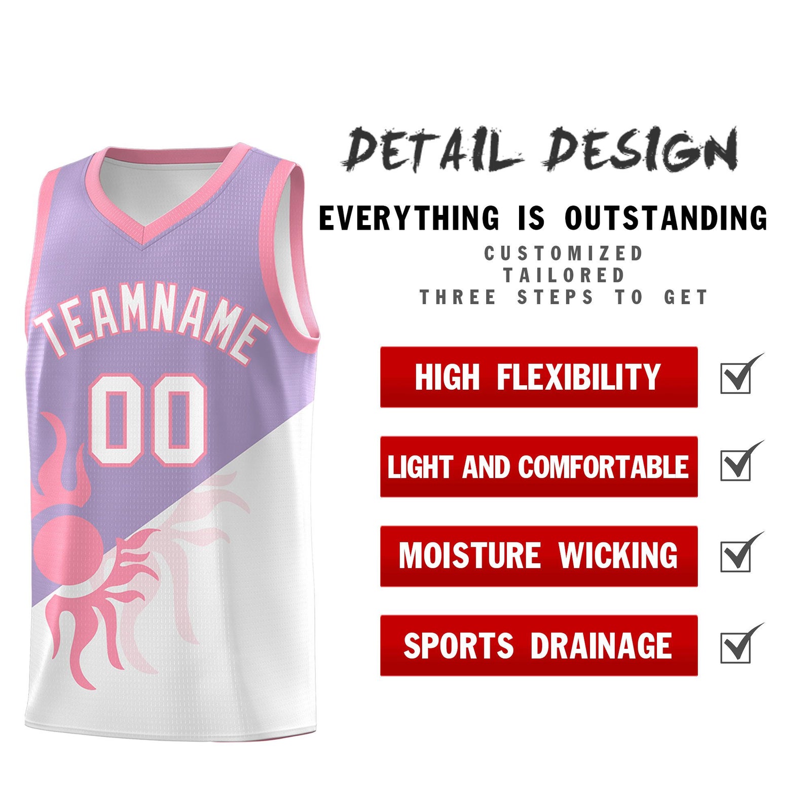 Custom Youth Basketball Jerseys - Light Purple White Radiant Sun Design Two Tone Uniforms