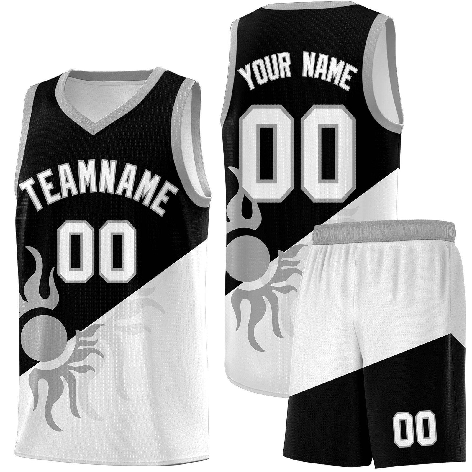 Custom Youth Basketball Jerseys - Black White Radiant Sun Design Two Tone Uniforms