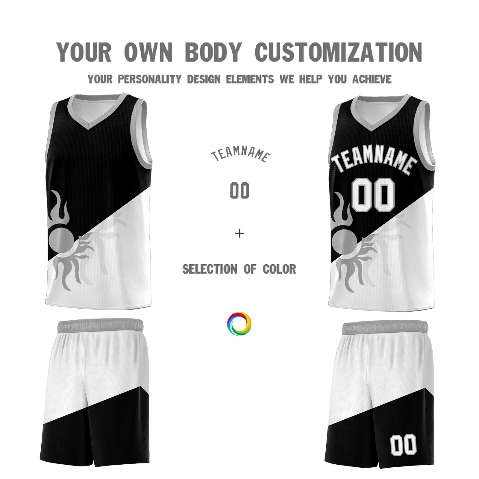 Custom Youth Basketball Jerseys - Black White Radiant Sun Design Two Tone Uniforms
