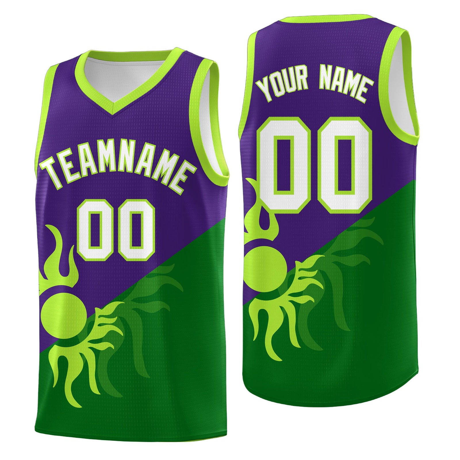 Custom Youth Basketball Jerseys - Purple Kelly Green Sunburst Design Two Tone Uniforms
