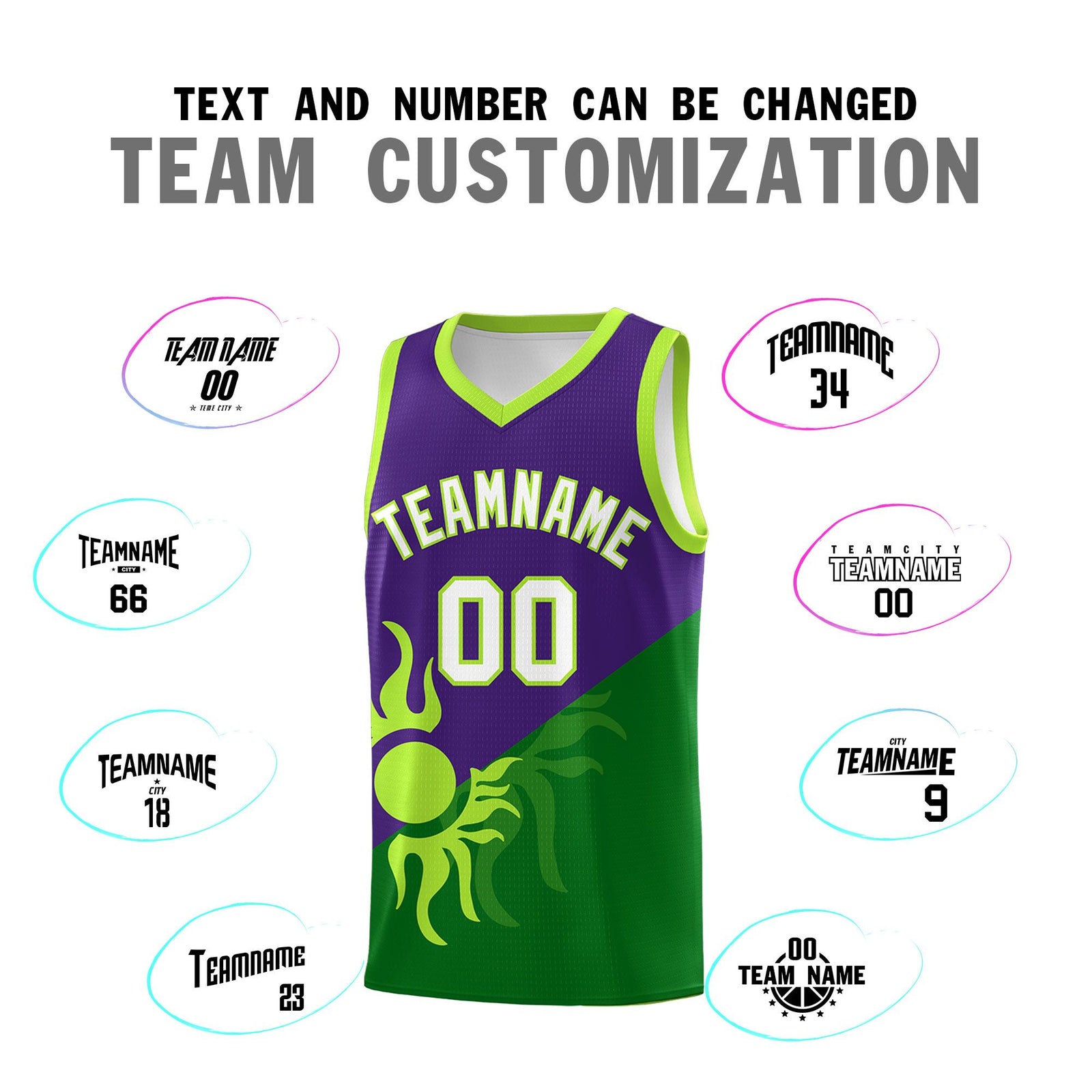 Custom Youth Basketball Jerseys - Purple Kelly Green Sunburst Design Two Tone Uniforms
