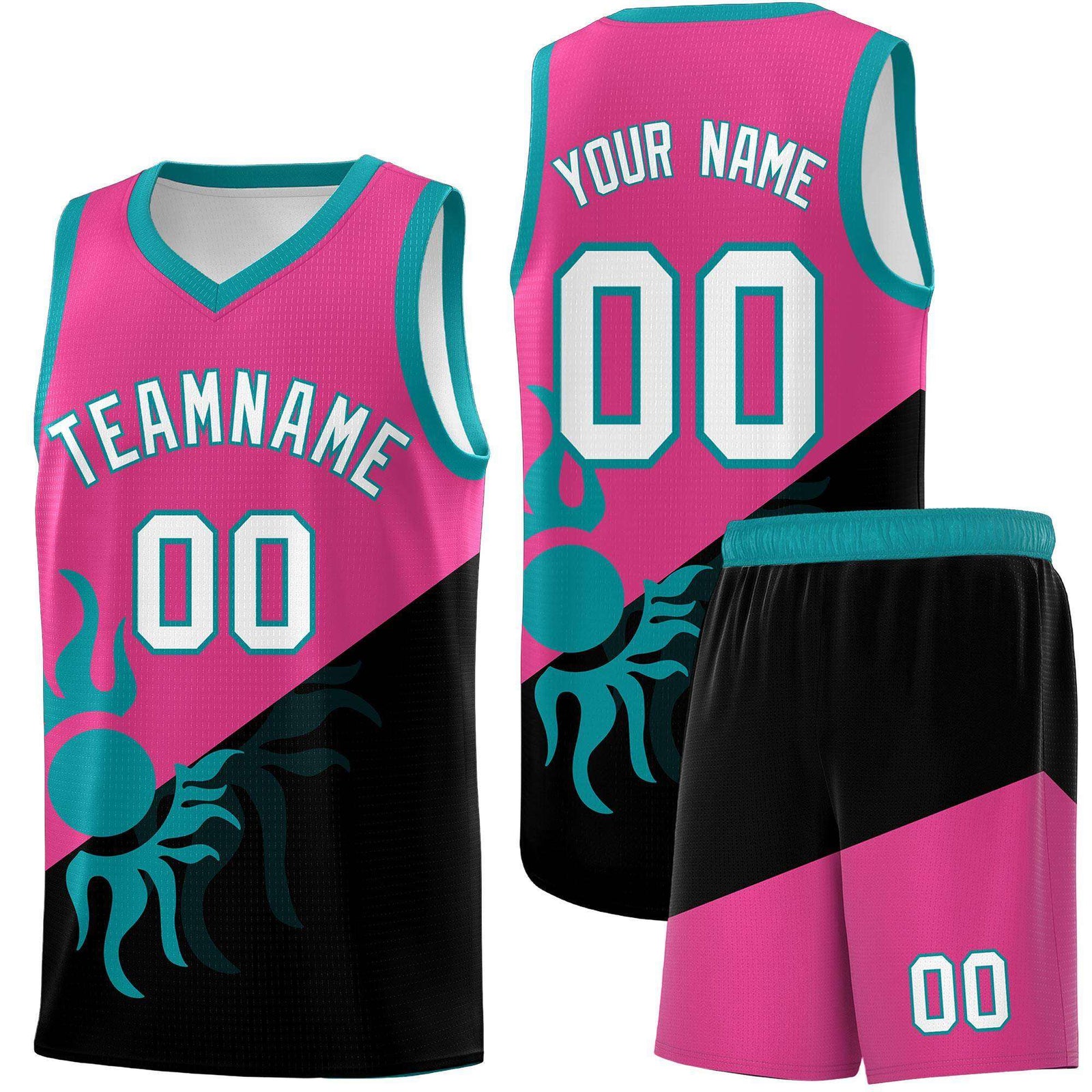 Custom Youth Basketball Jerseys - Rose Red Black Sunburst Design Two Tone Uniforms