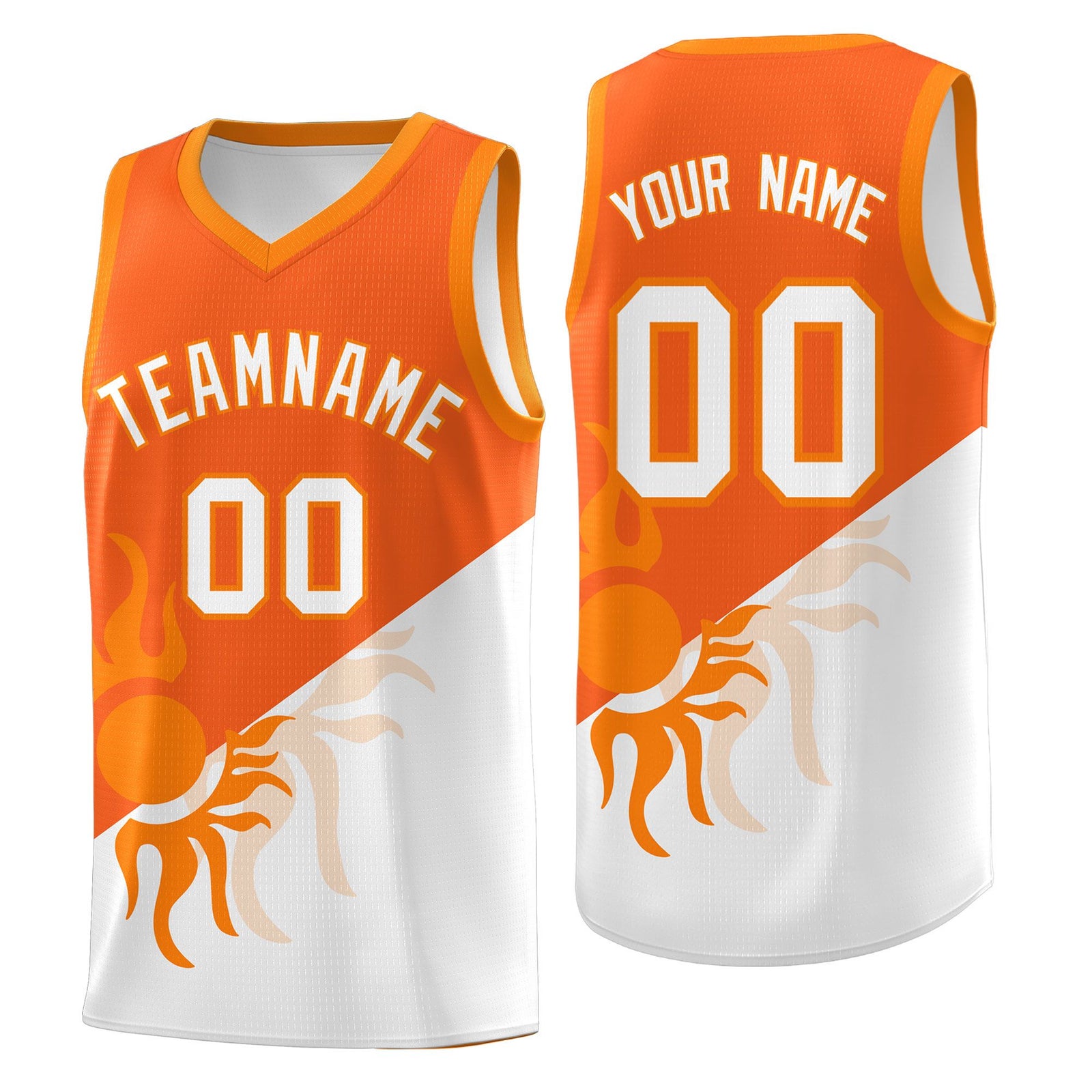 Custom Youth Basketball Jerseys - Orange White Radiant Sun Design Two Tone Uniforms