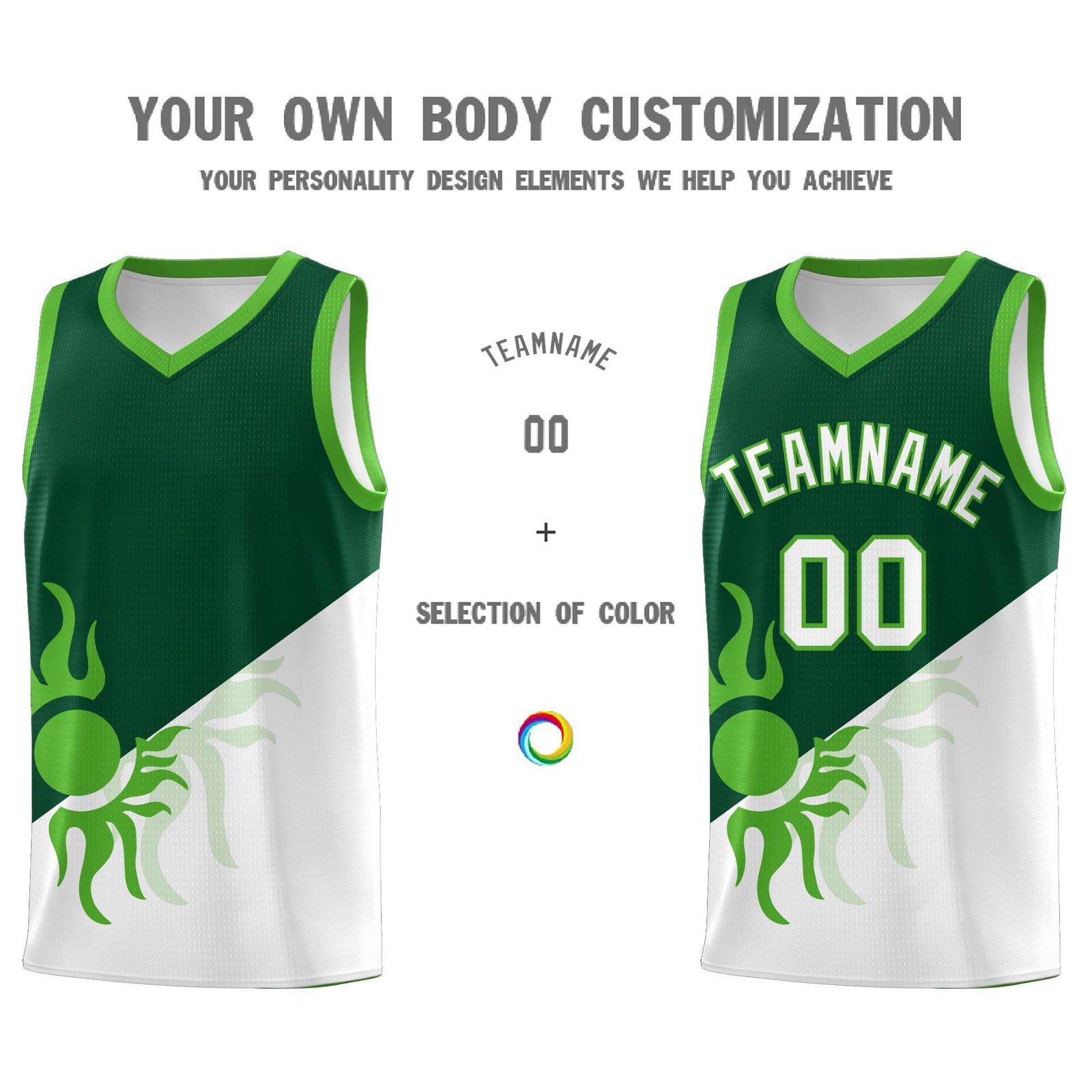 Custom Youth Basketball Jerseys - Kelly Green White Radiant Sun Design Two Tone Uniforms