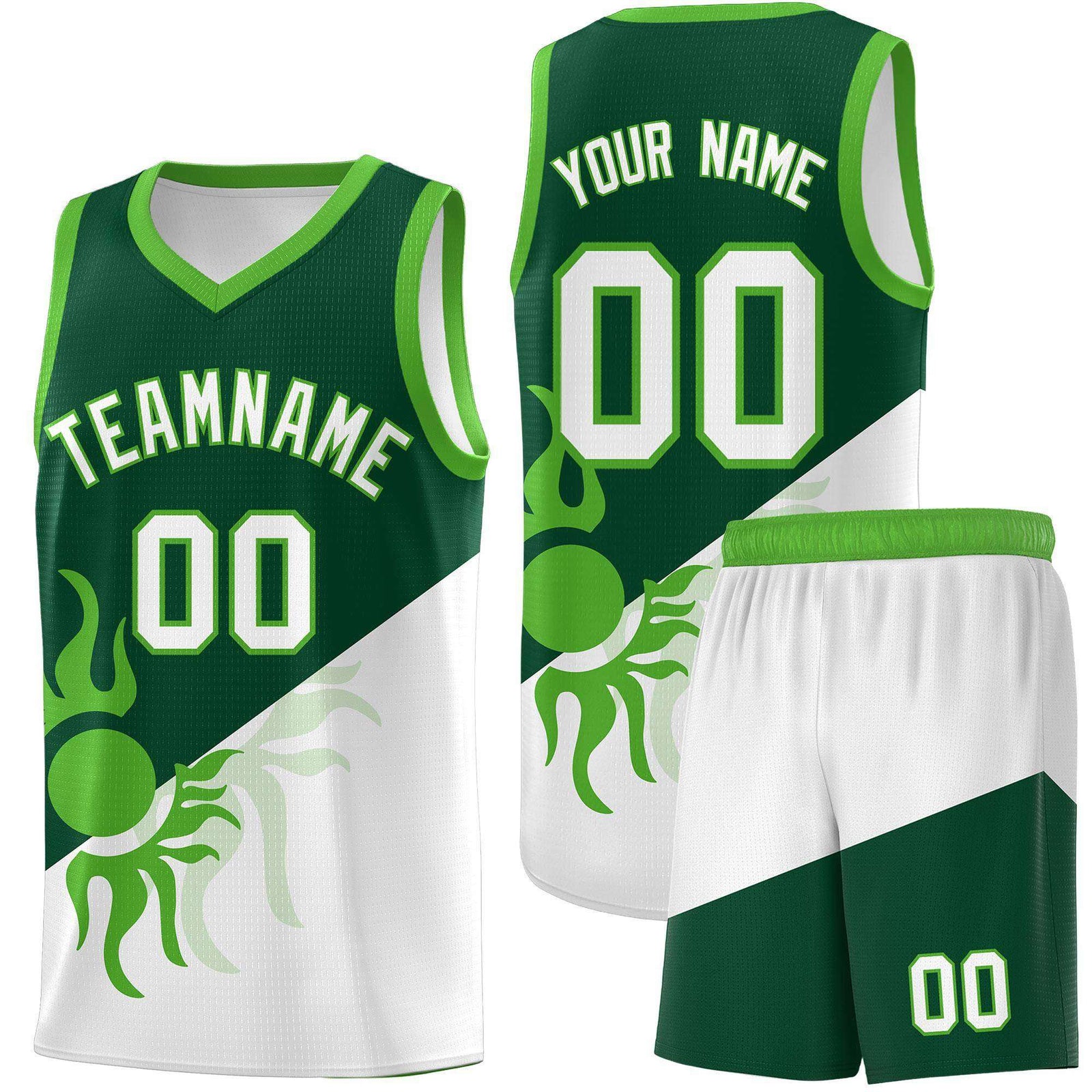 Custom Youth Basketball Jerseys - Kelly Green White Radiant Sun Design Two Tone Uniforms