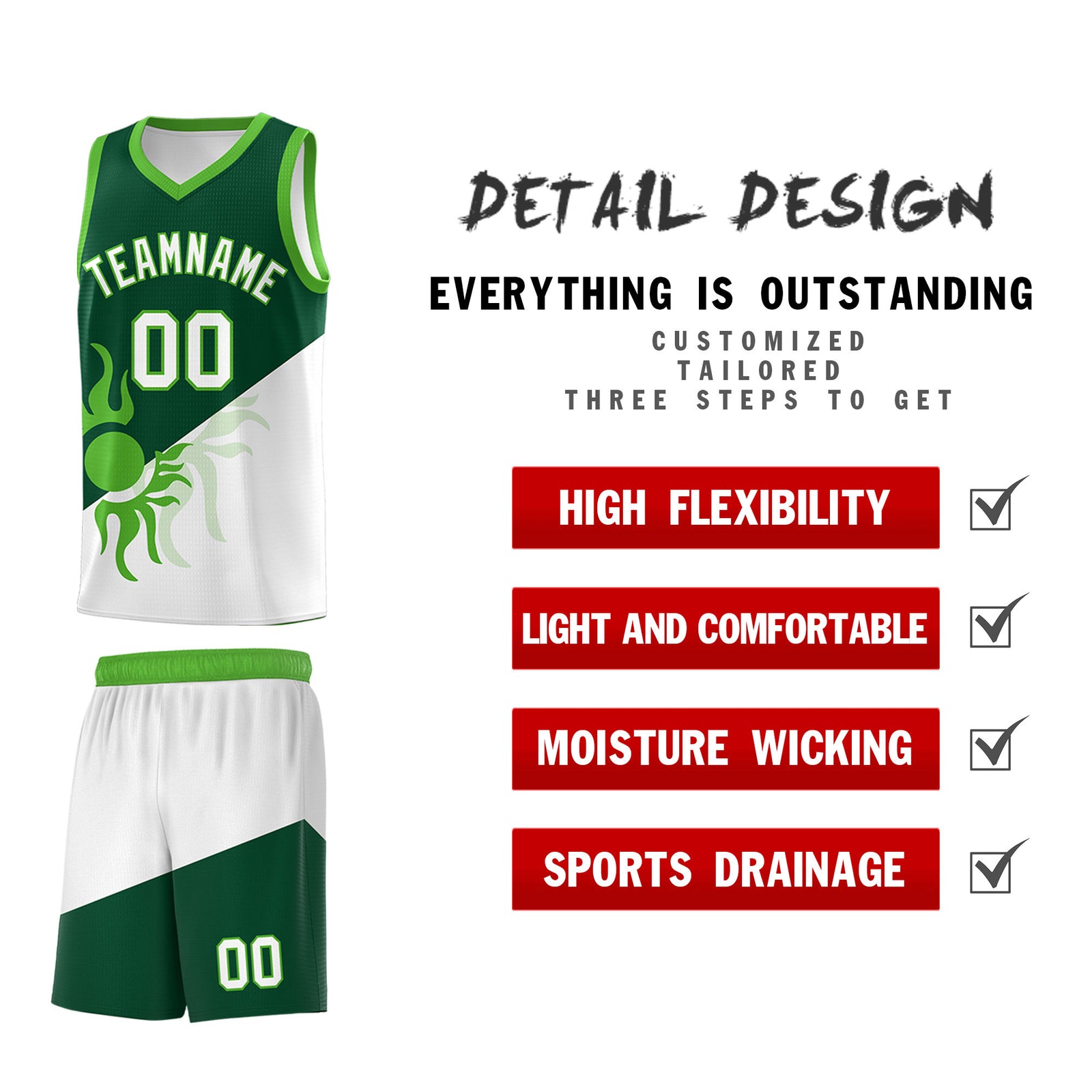 Custom Youth Basketball Jerseys - Kelly Green White Radiant Sun Design Two Tone Uniforms
