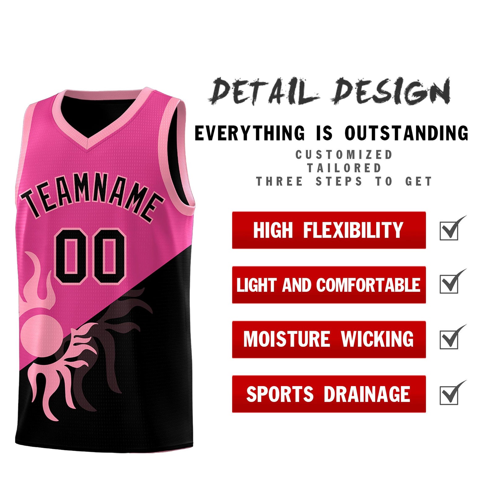 Custom Youth Basketball Jerseys - Rose Red Black Radiant Sun Design Two Tone Uniforms