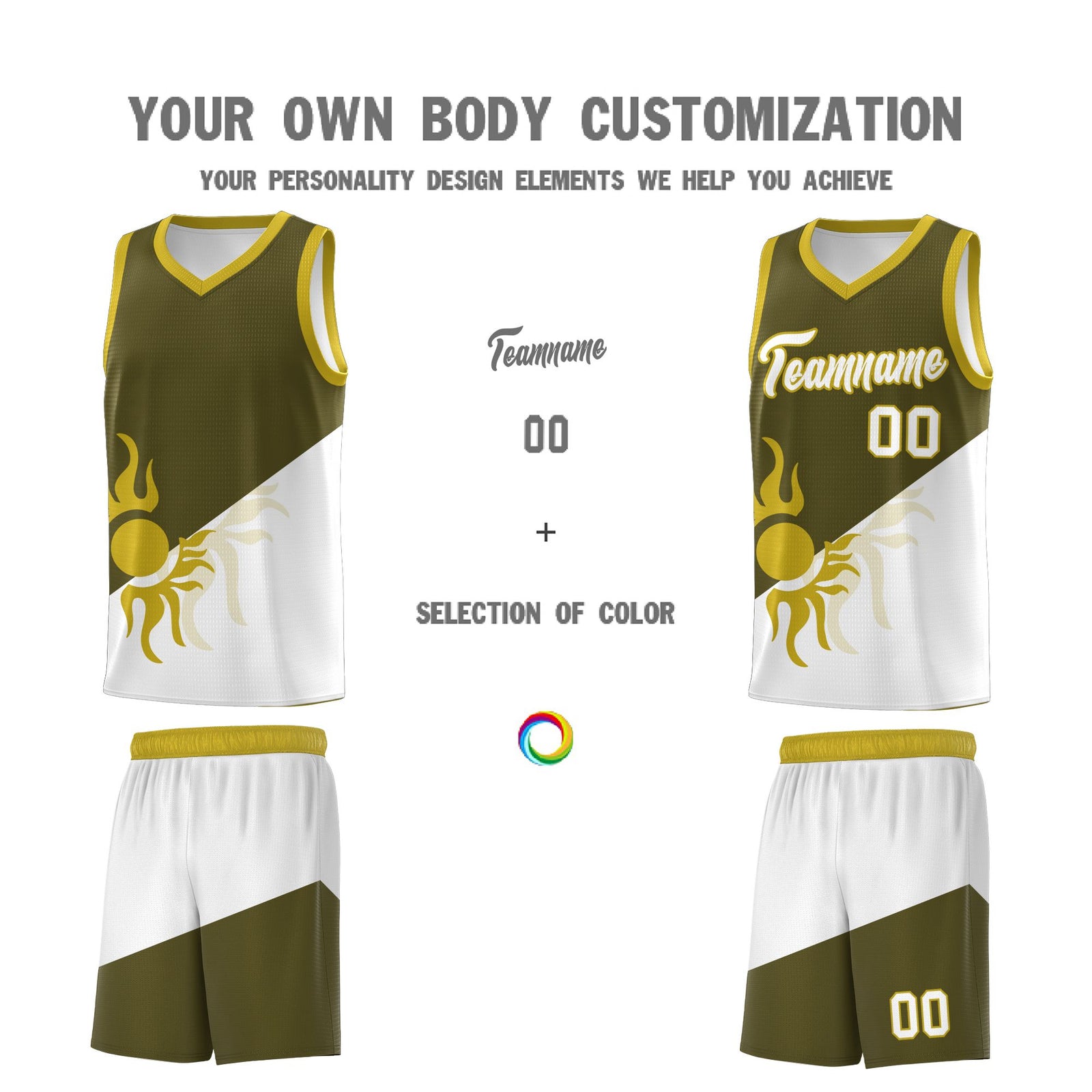 Custom Youth Basketball Jerseys - Olive White Sunburst Design Two Tone Uniforms