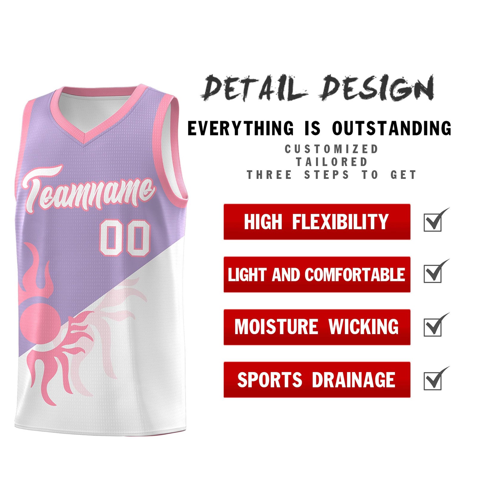 Custom Youth Basketball Jerseys - Light Purple White Radiant Sun Design Two Tone Uniforms