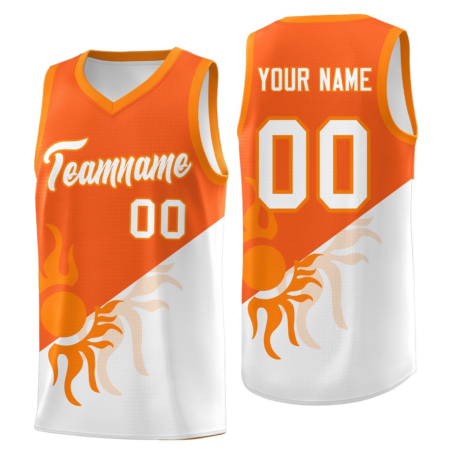 Custom Youth Basketball Jerseys - Orange White Radiant Sun Design Two Tone Uniforms