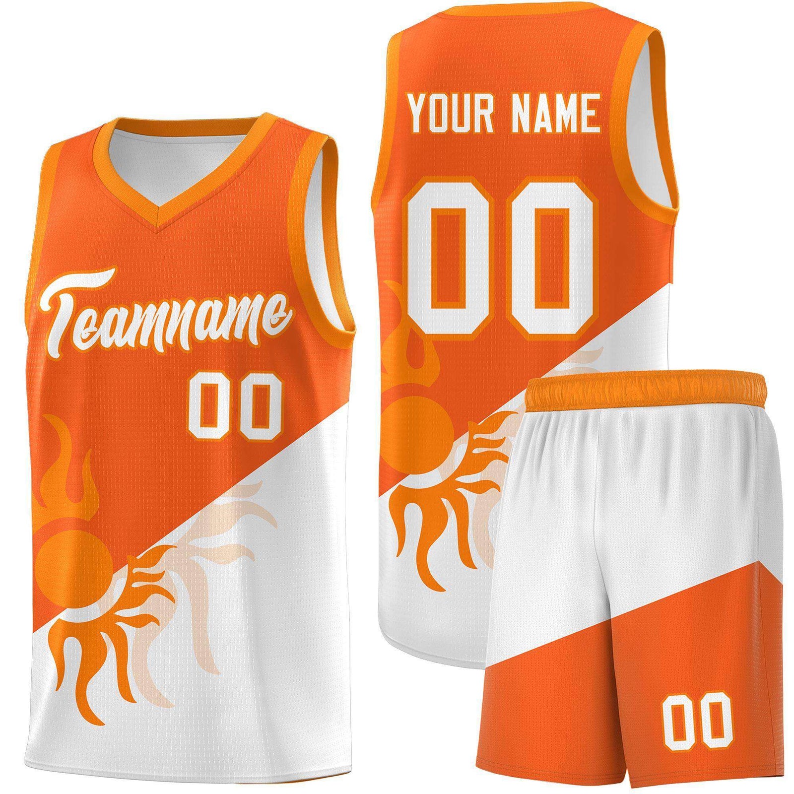 Custom Youth Basketball Jerseys - Orange White Radiant Sun Design Two Tone Uniforms