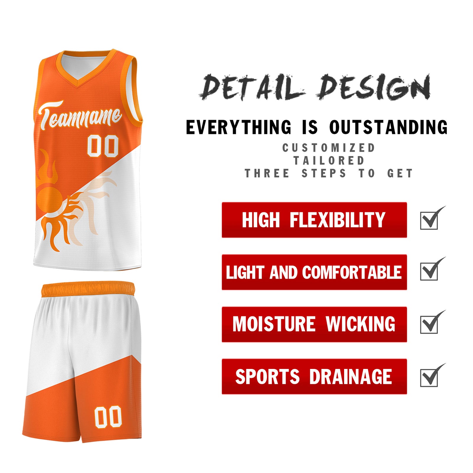 Custom Youth Basketball Jerseys - Orange White Radiant Sun Design Two Tone Uniforms