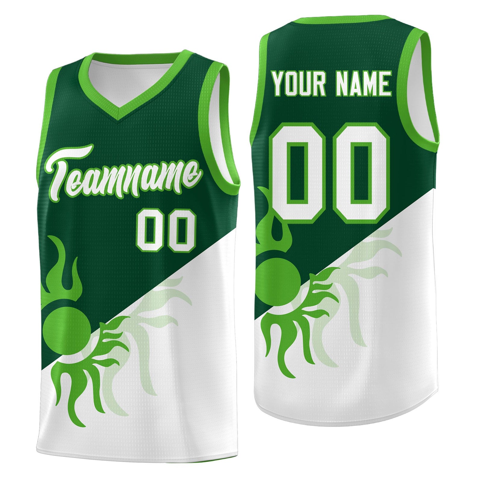 Custom Youth Basketball Jerseys - Kelly Green White Radiant Sun Design Two Tone Uniforms