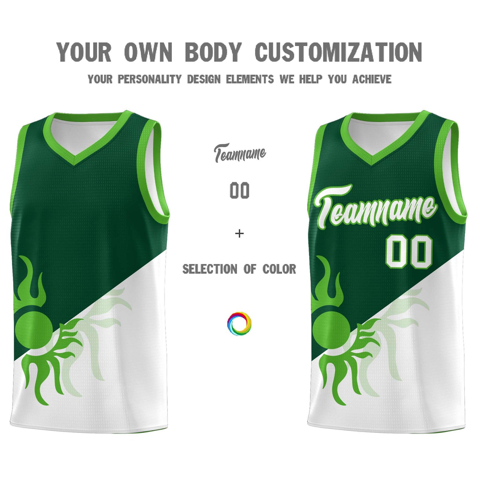 Custom Youth Basketball Jerseys - Kelly Green White Radiant Sun Design Two Tone Uniforms