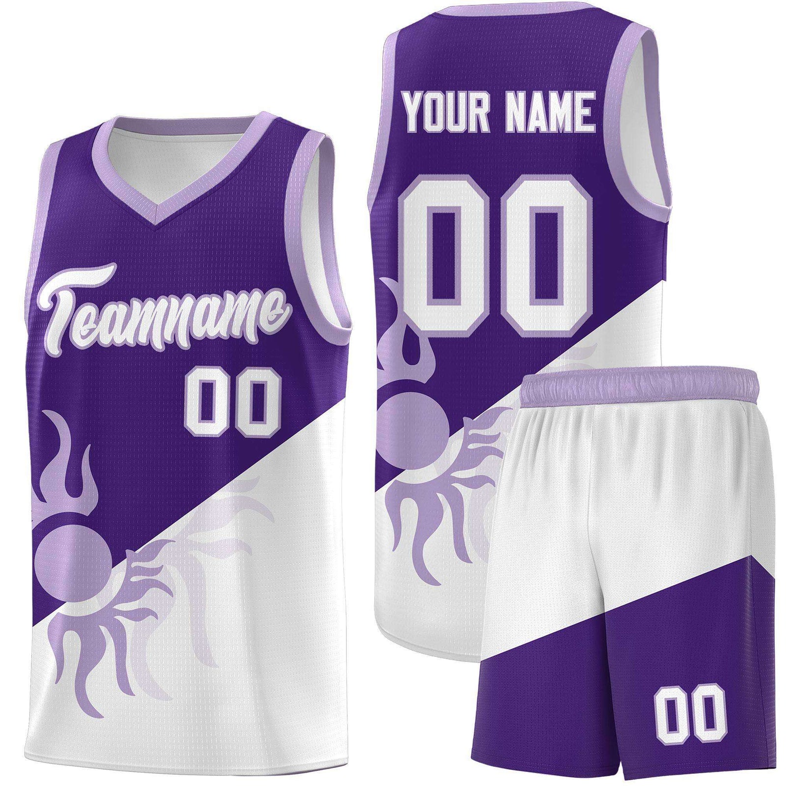 Custom Youth Basketball Jerseys - Purple White Sunburst Design Two Tone Uniforms